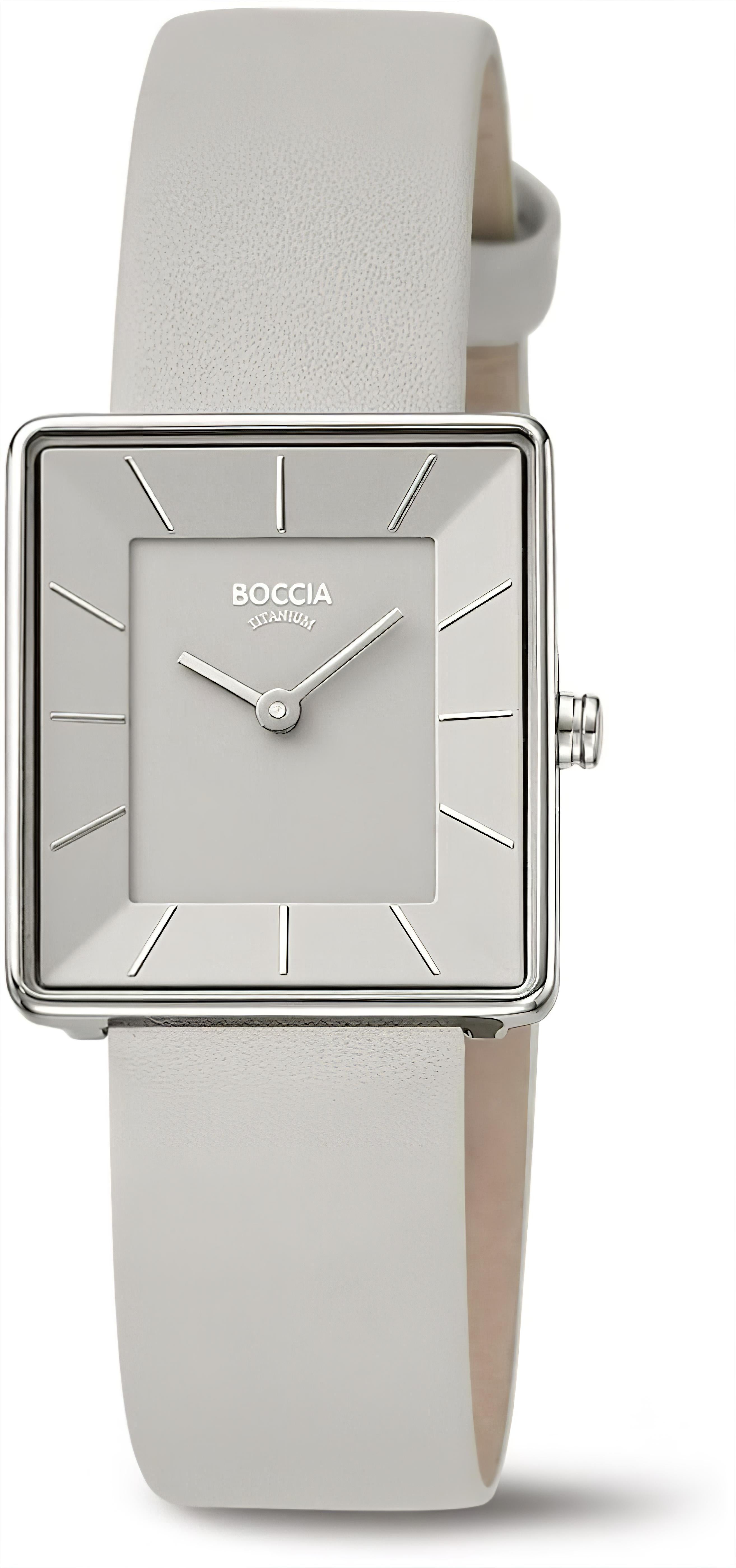 Damenuhr von Boccia mit quadratischem Gehäuse, weißem Zifferblatt und hellem Lederarmband