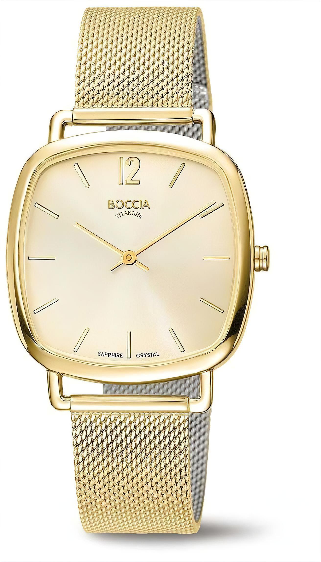 Boccia Damenuhr: goldenes Mesh-Armband, rundes Zifferblatt mit Indexen