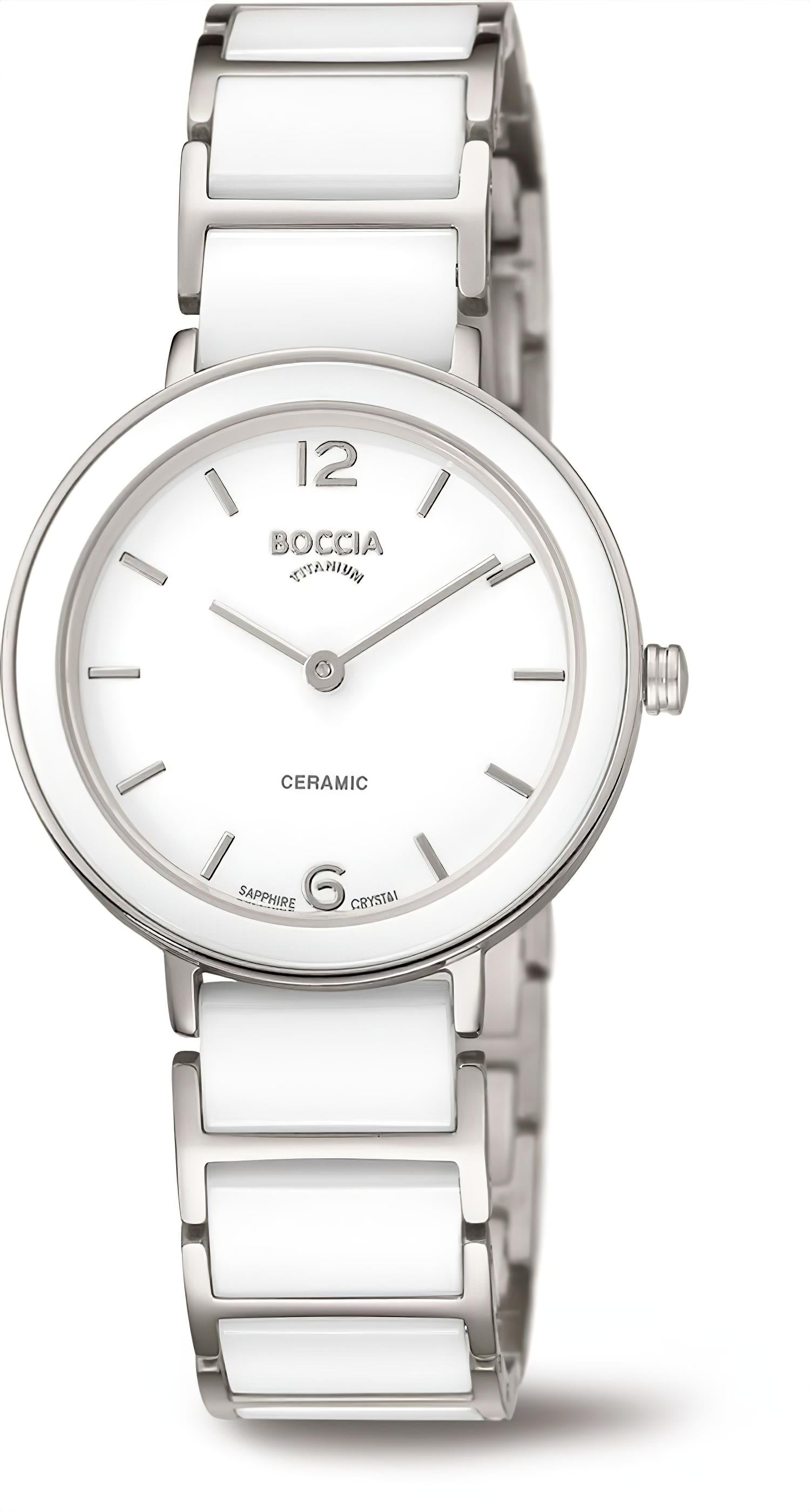 Boccia Damenarmbanduhr mit weißem Zifferblatt, Keramikmarkierungen und Edelstahlband