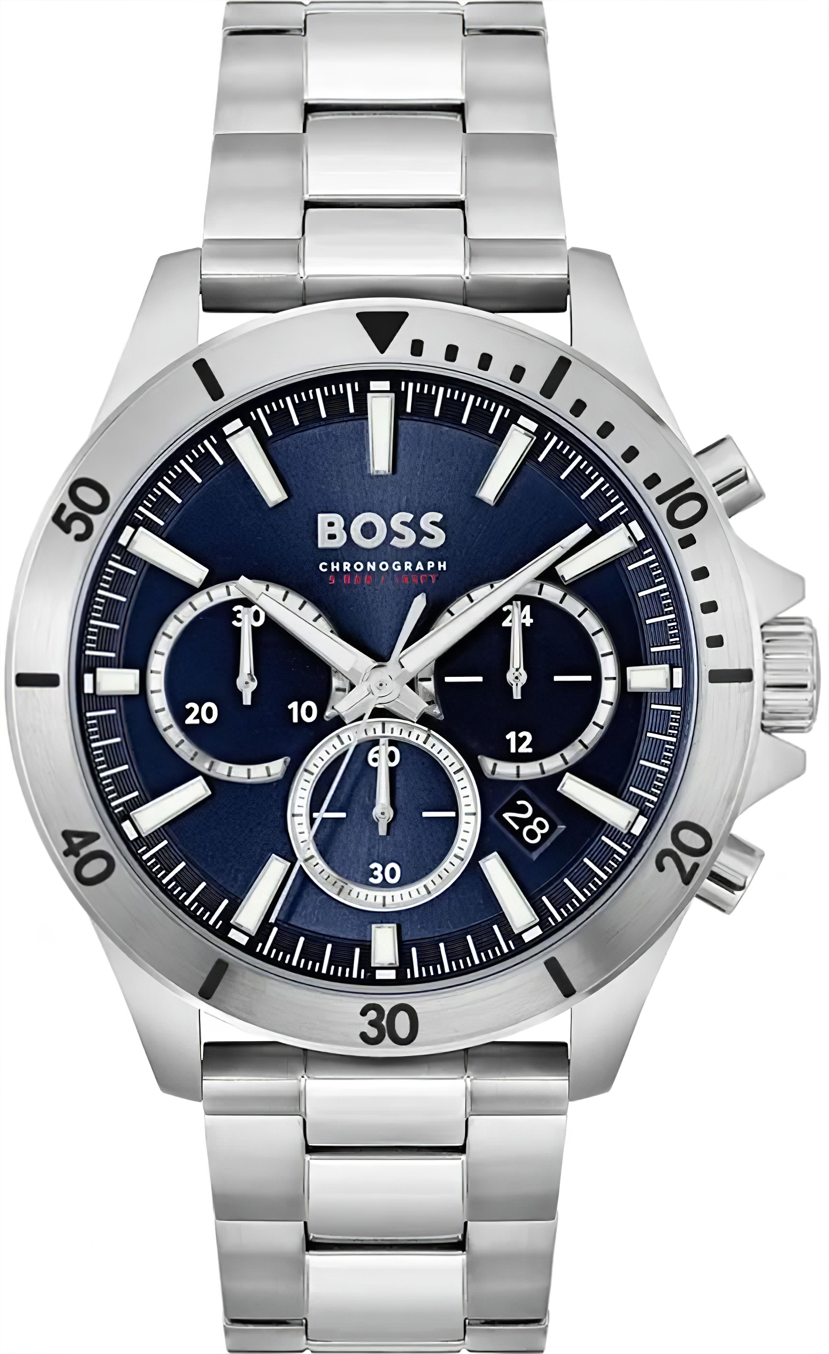 BOSS Herren-Chronograph mit blauem Zifferblatt, Edelstahlarmband und drei Zählern