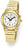 Goldfarbene Damenuhr mit rundem weißem Zifferblatt, Armband aus Gliedern und roten Zeigern