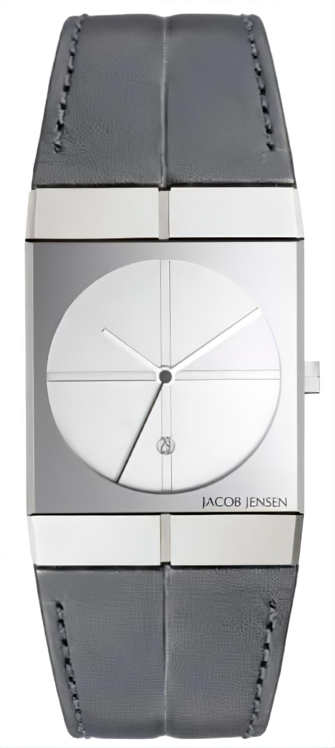 Unisex-Uhr mit rundem weißem Zifferblatt und grauem Lederarmband, Jacob Jensen