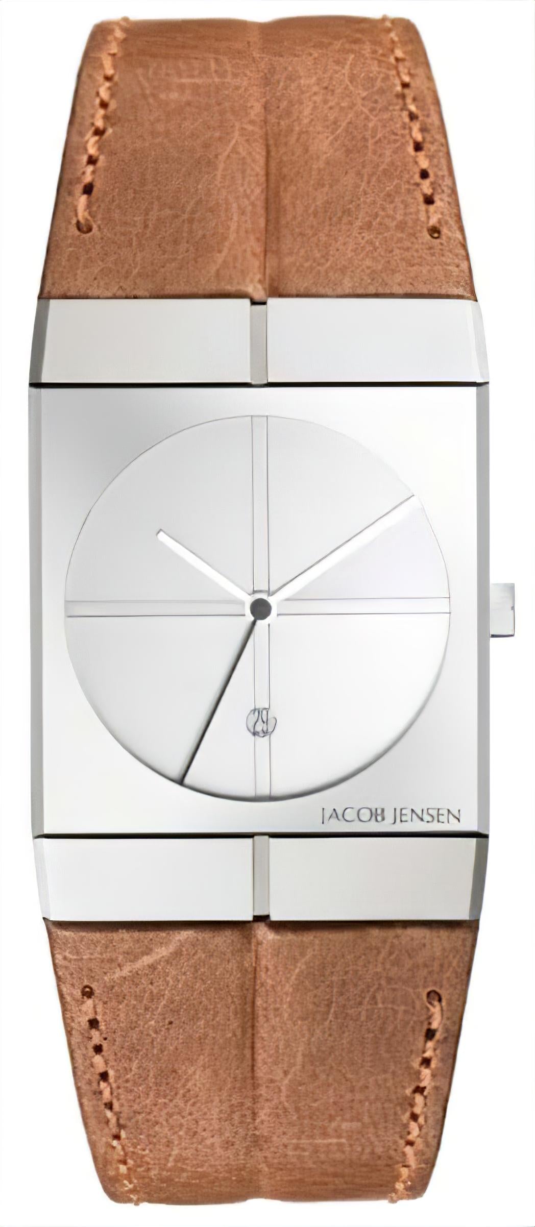 Jacob Jensen Icon 233 Herrenarmbanduhr mit braunem Lederband und weißem Zifferblatt