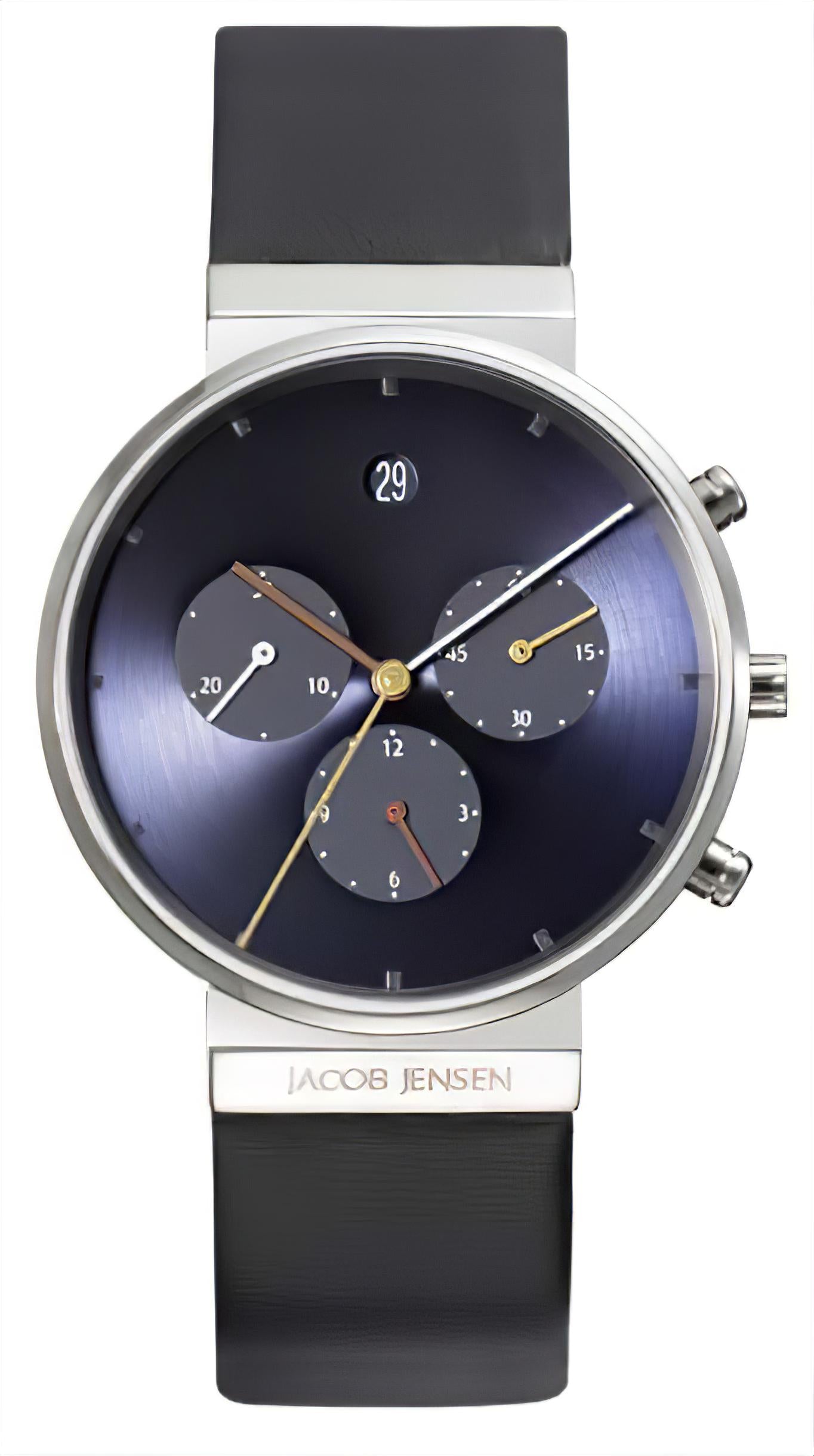 Jacob Jensen Chronographenarmbanduhr mit blauem Zifferblatt und schwarzem Band