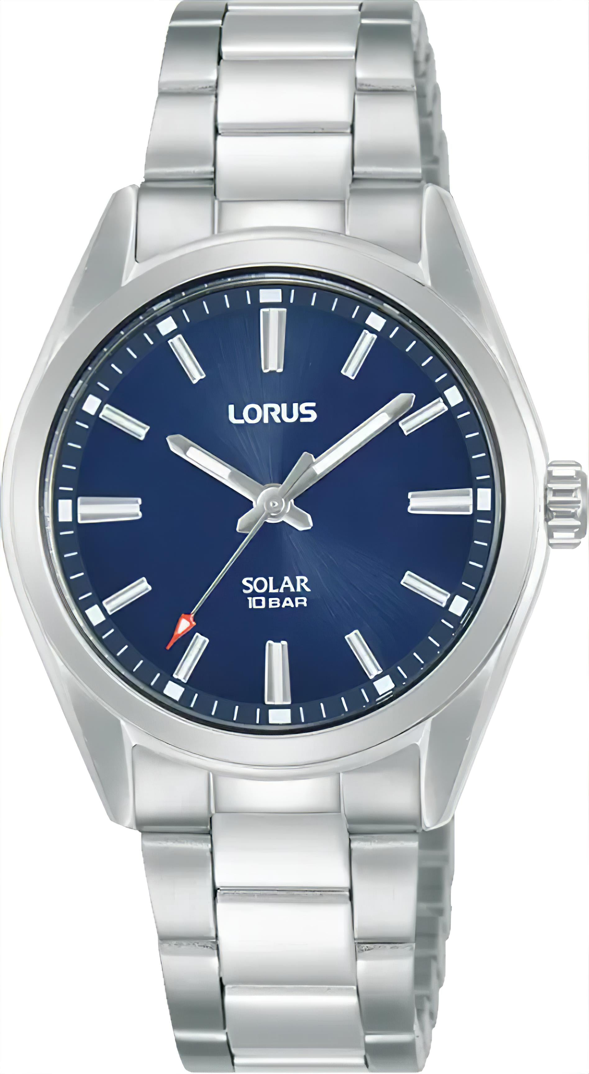 Damenuhr mit Solar, blauem Zifferblatt und Edelstahlarmband, LORUS