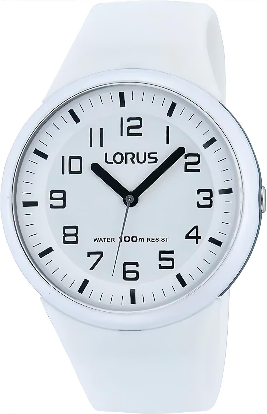 Lorus Quarzuhr mit weißem Zifferblatt und schwarzem Ziffern- und Sekundenzeiger, weißem Armband
