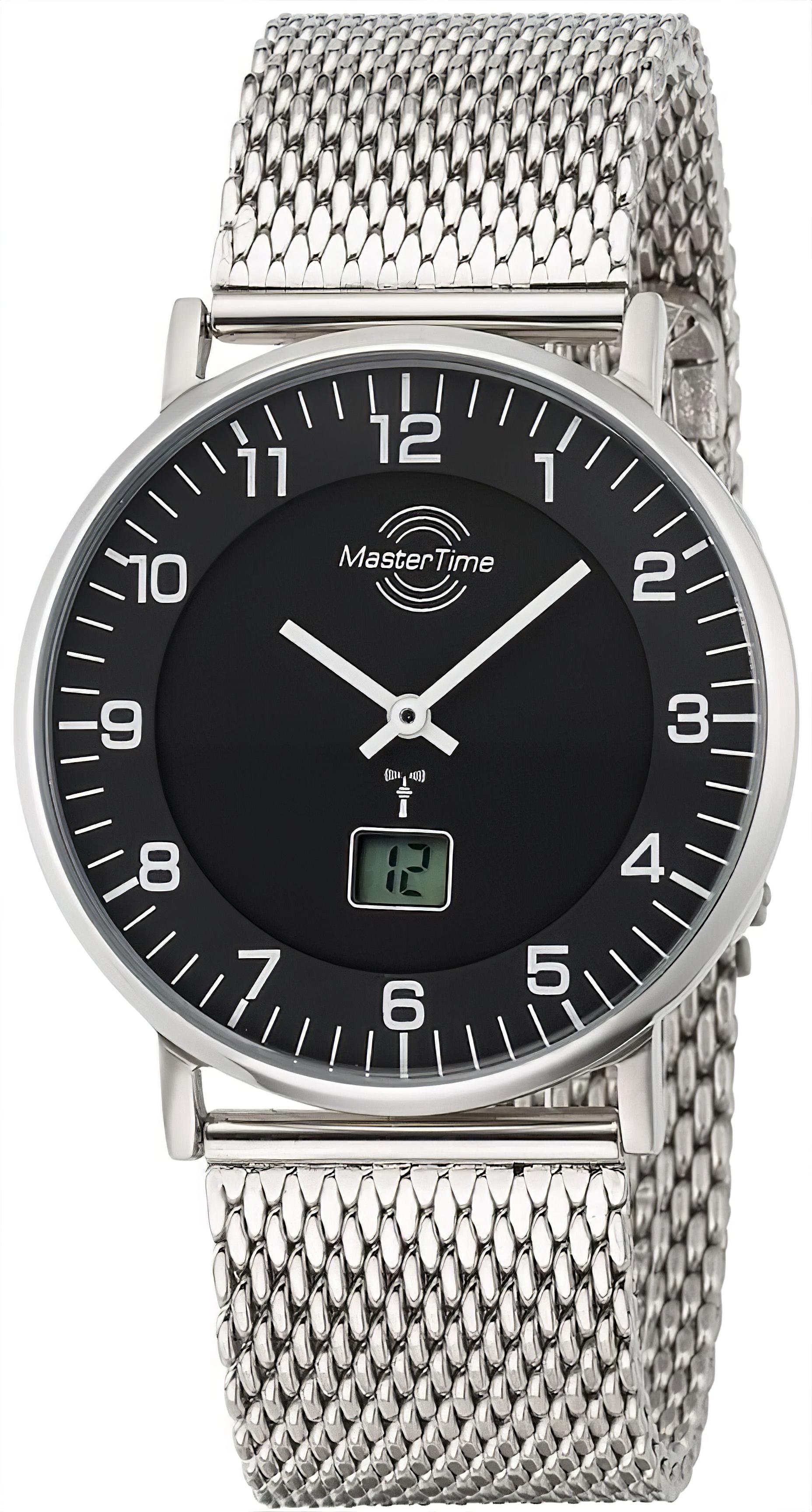 Herrenarmbanduhr MasterTime mit silbernem Meshband und schwarzem Zifferblatt, Analog + Display