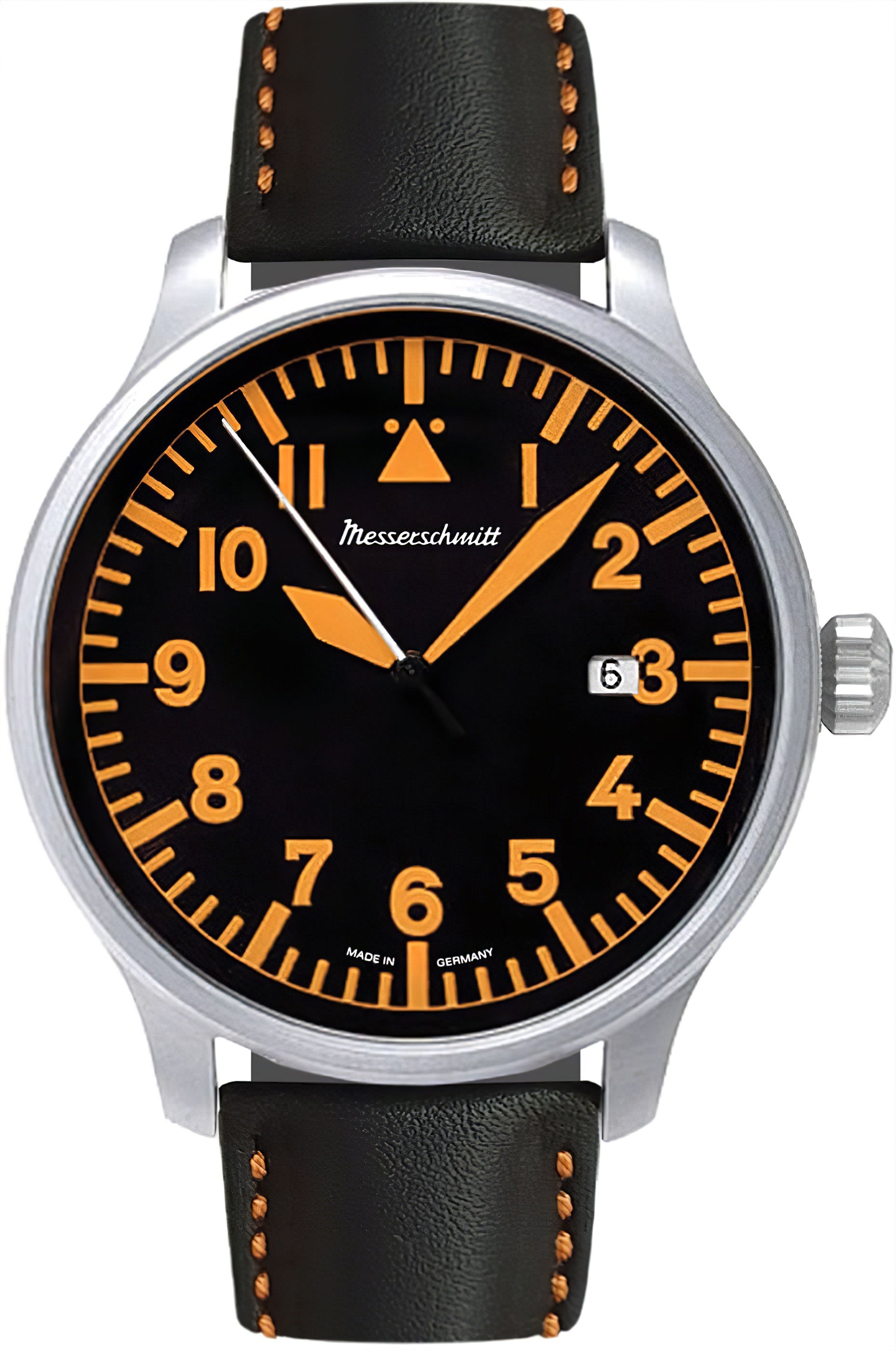 Messerschmitt Fliegeruhr ME-420BL mit schwarzem Zifferblatt, orangefarbenen Markierungen, Lederarmband