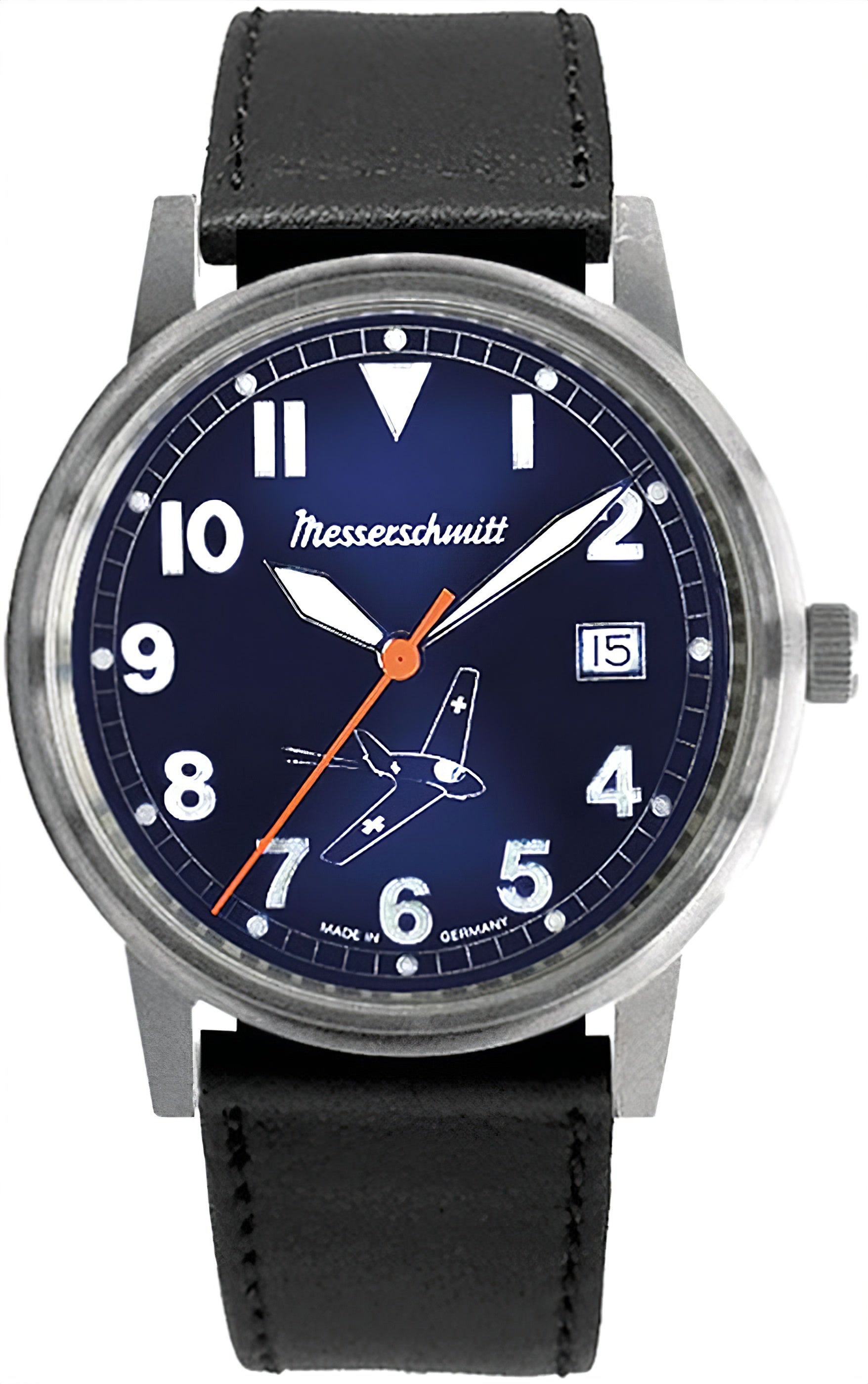 Messerschmitt Fliegeruhr für Herren mit dunklem Zifferblatt und schwarzem Lederarmband