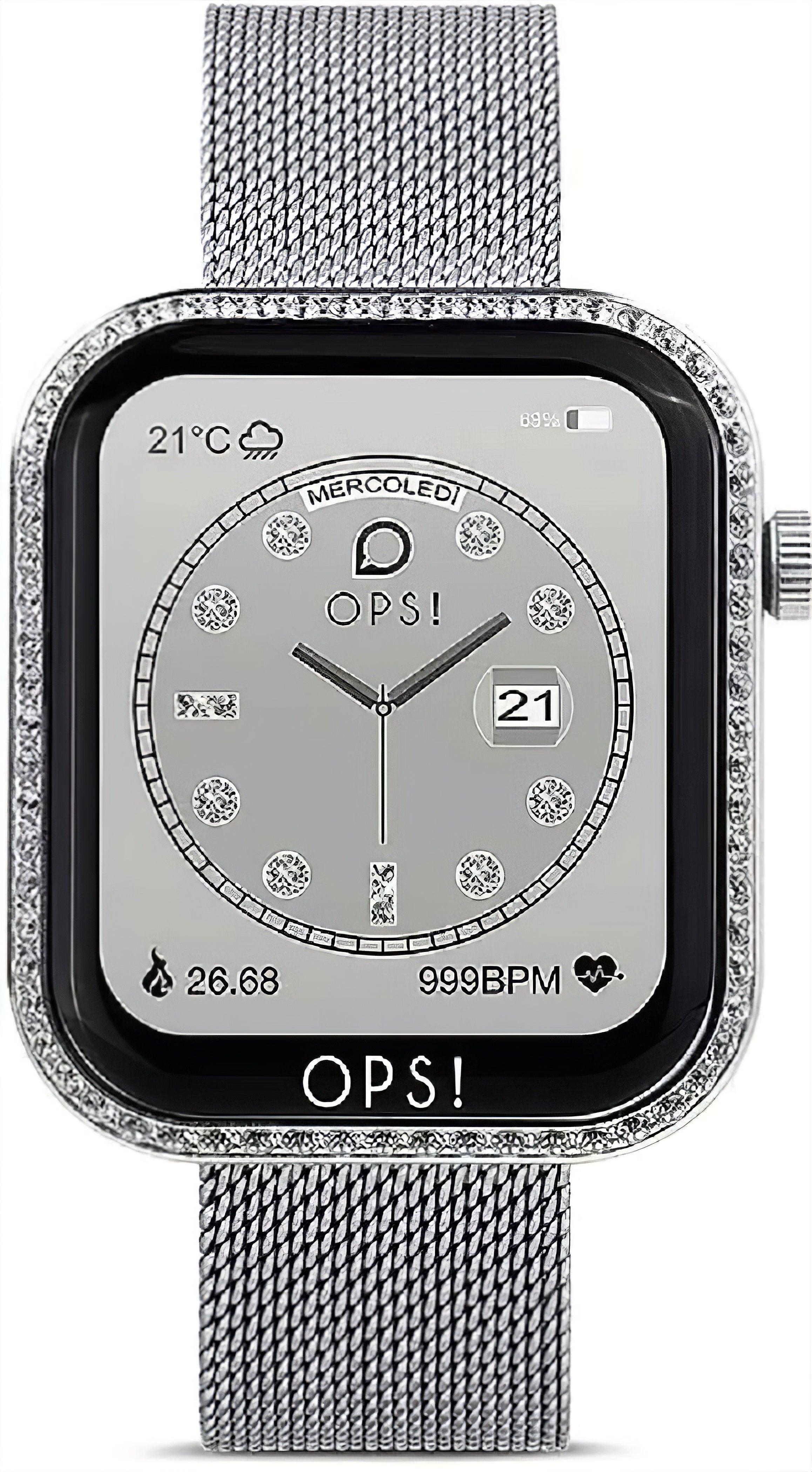 Damen-Smartwatch OPS! mit silbernem Meshband und rundem Display