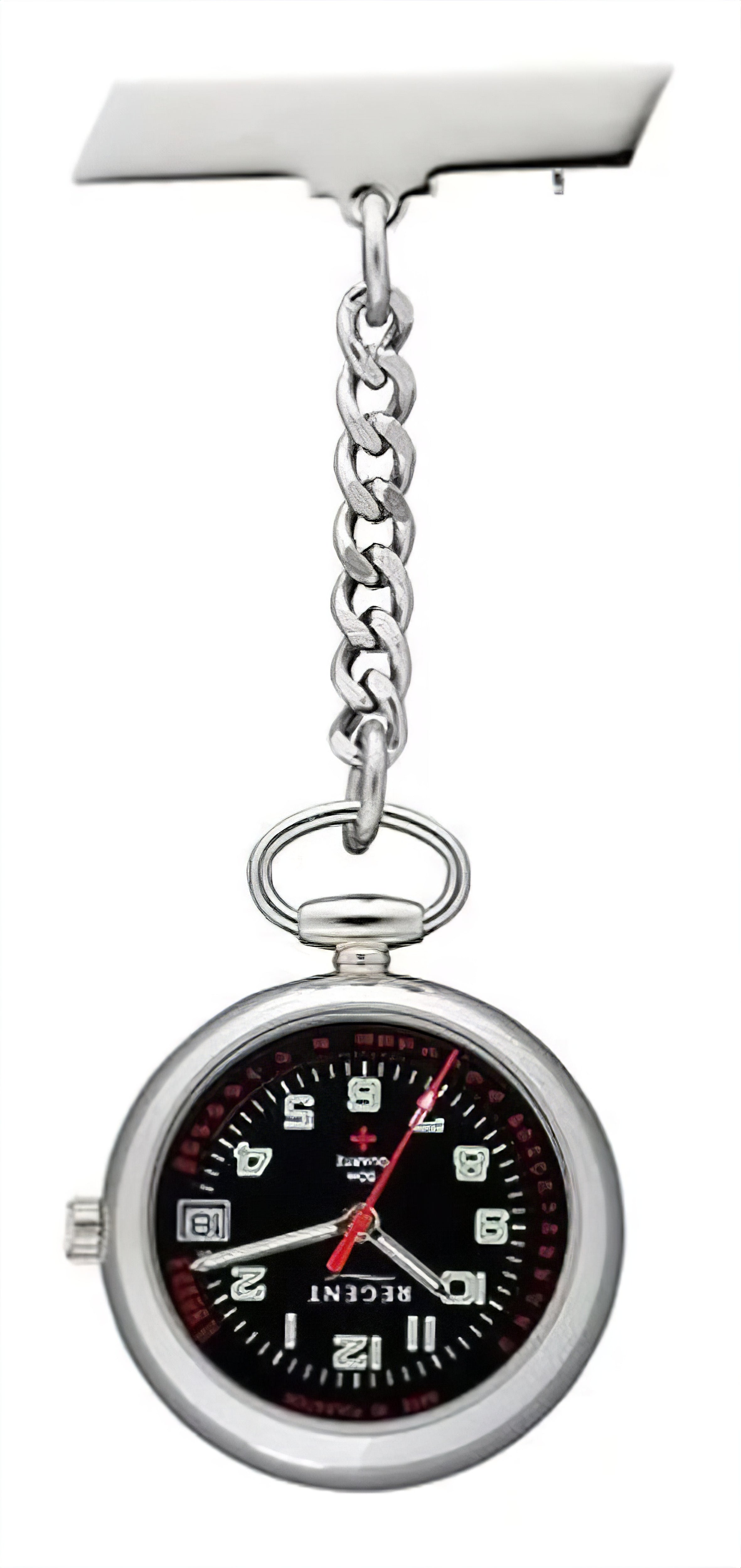Regent P753 Taschenuhr mit silberner Kette und Zifferblatt, runde Gehäuseform