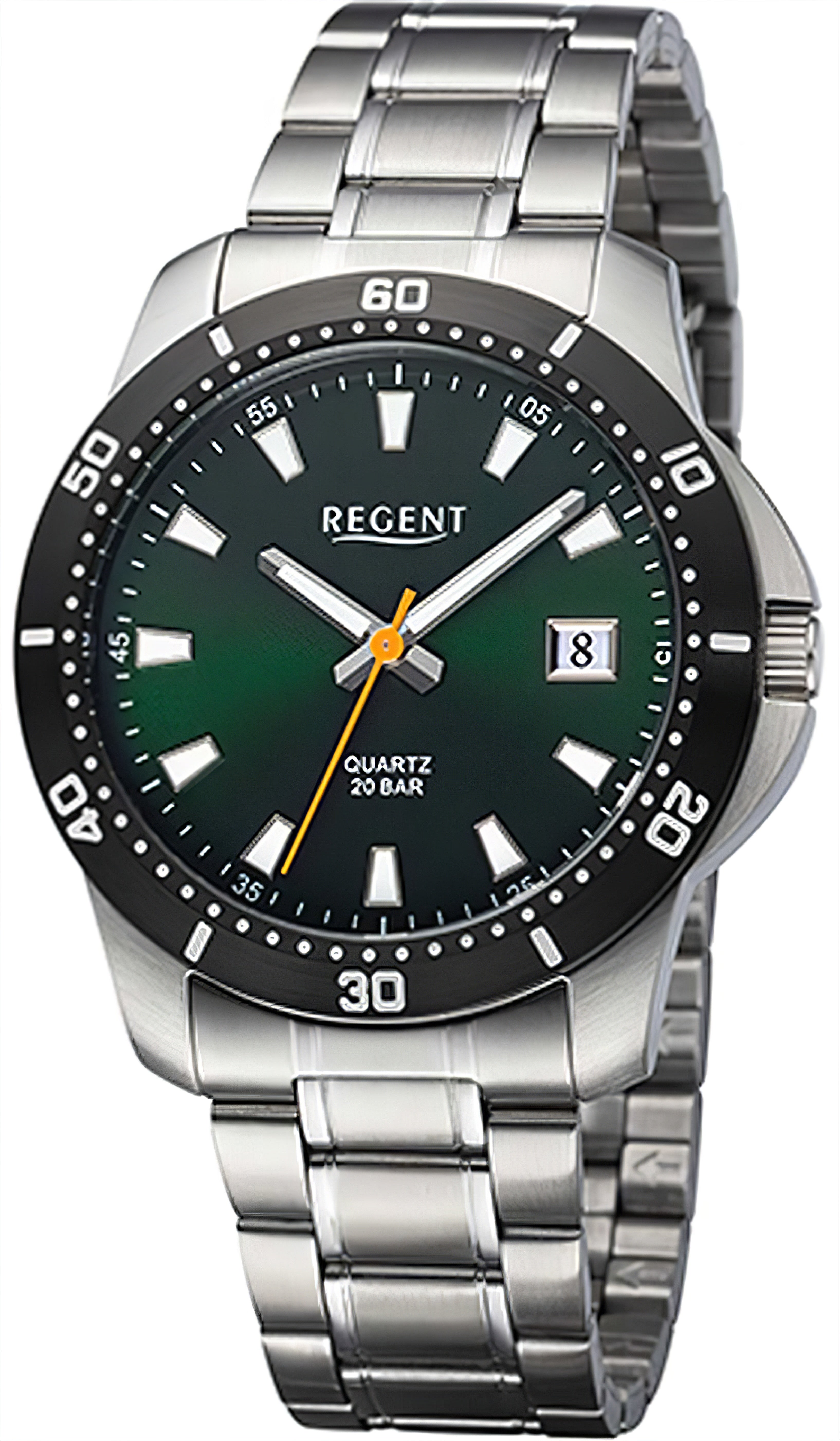 Regent Taucheruhr Herren, Edelstahlband, dunkelgrünes Zifferblatt, Datumsfenster, Lünette