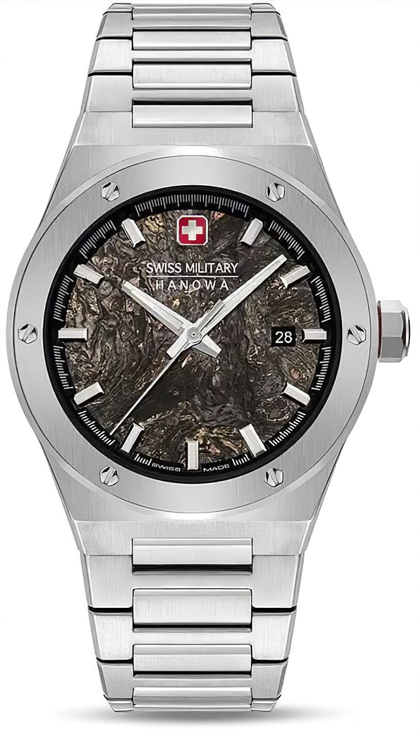 Herrenarmbanduhr mit silbernem Edelstahlarmband, schwarzem Zifferblatt und Datumsanzeige