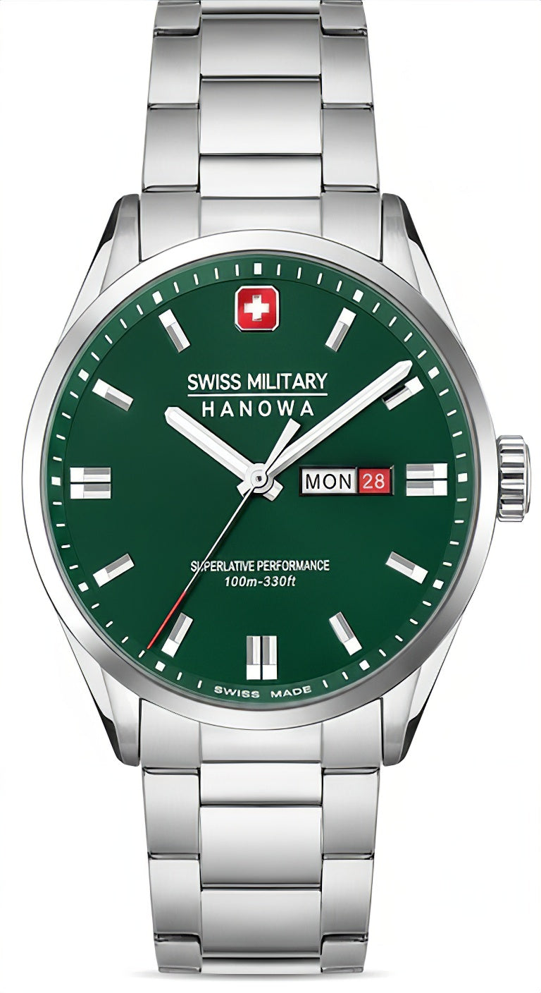 Swiss Military Hanowa Roadrunner Maxed Herrenuhr mit grünem Zifferblatt, Stahlband, Datumsanzeige