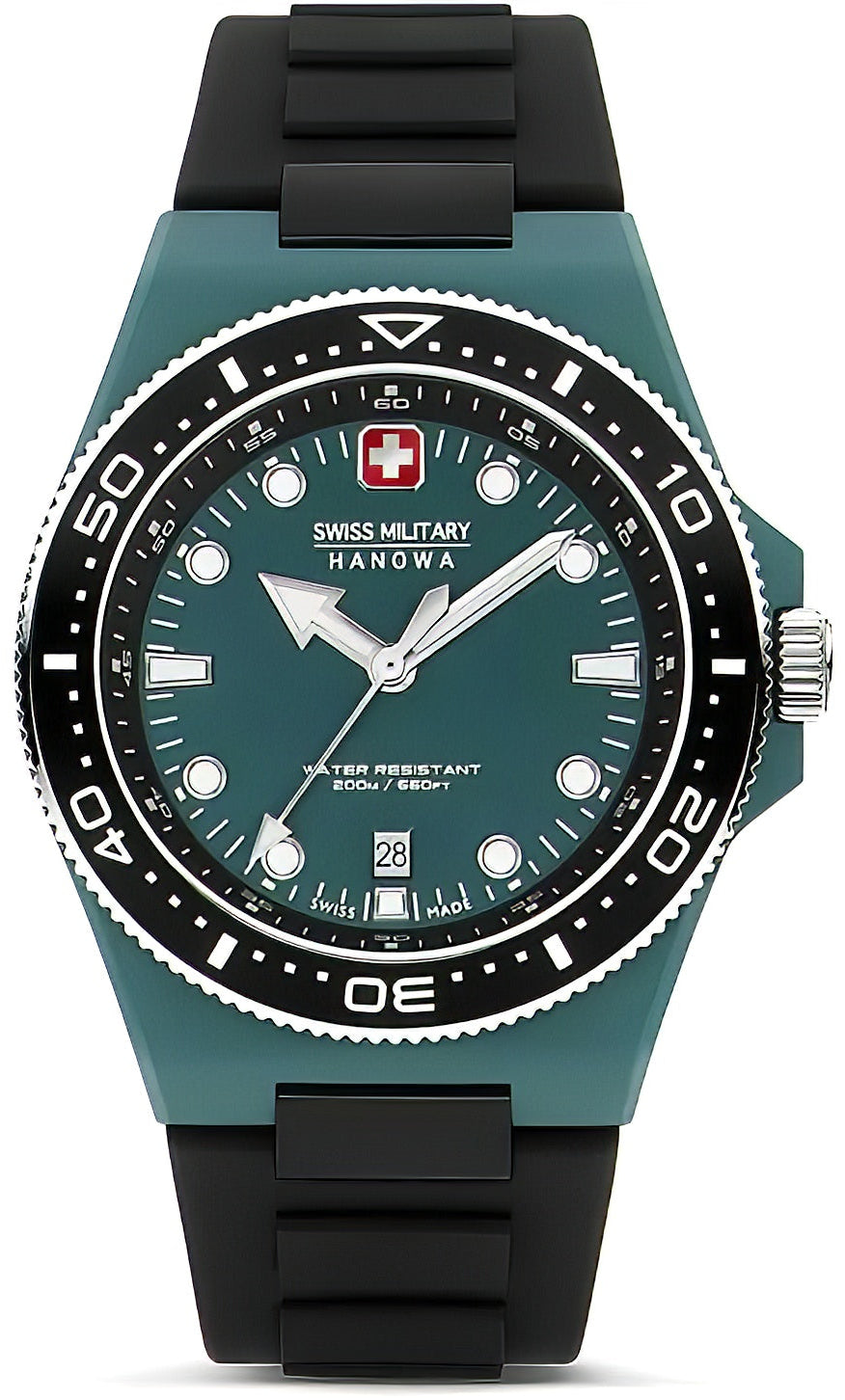 Swiss Military Hanowa Ocean Pioneer Herrenuhr mit schwarzem Kautschukband, türkisfarbenem Zifferblatt
