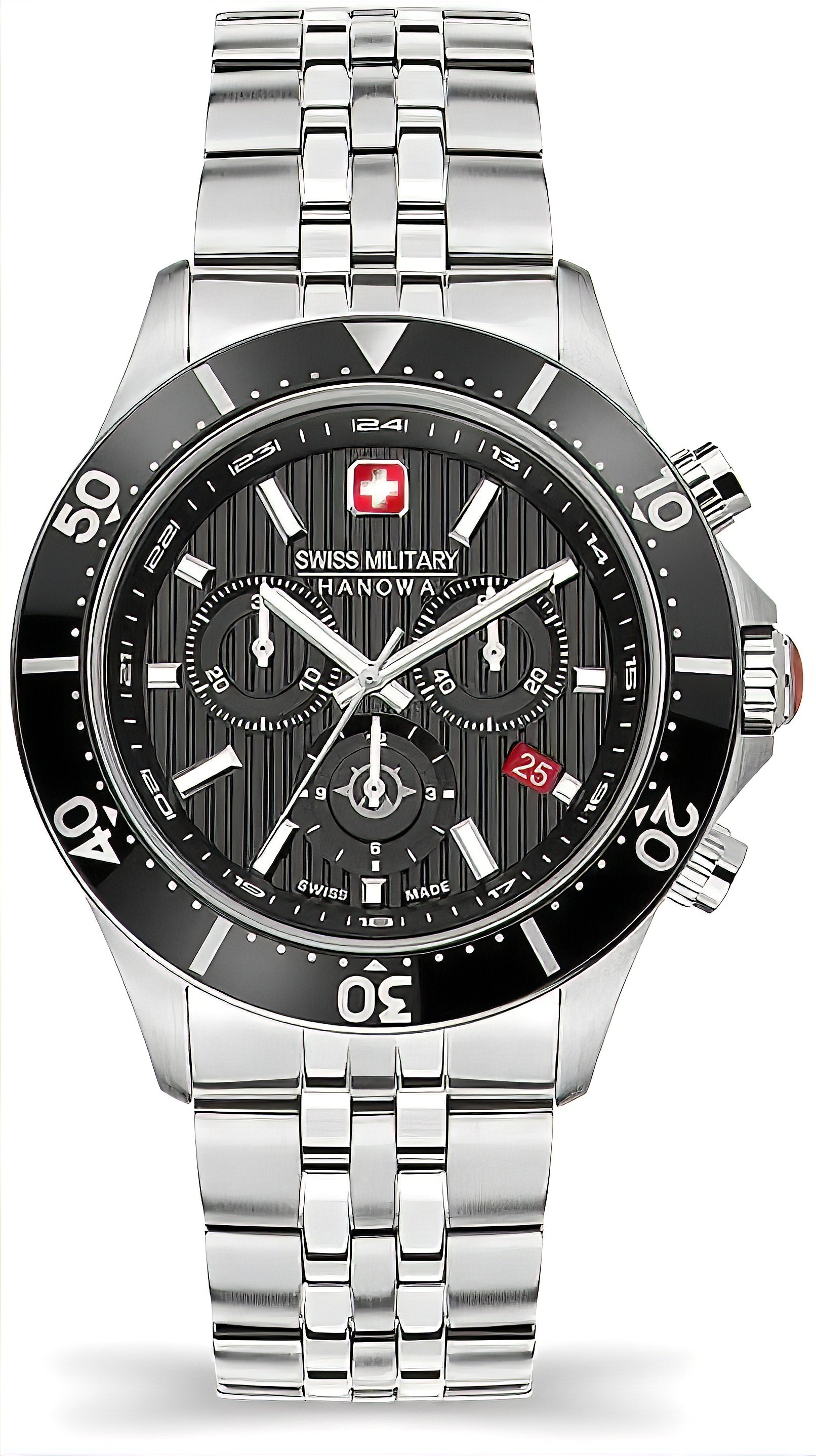 Herrenarmbanduhr mit schwarzem Chronographenzifferblatt und Metallarmband (Stahl)