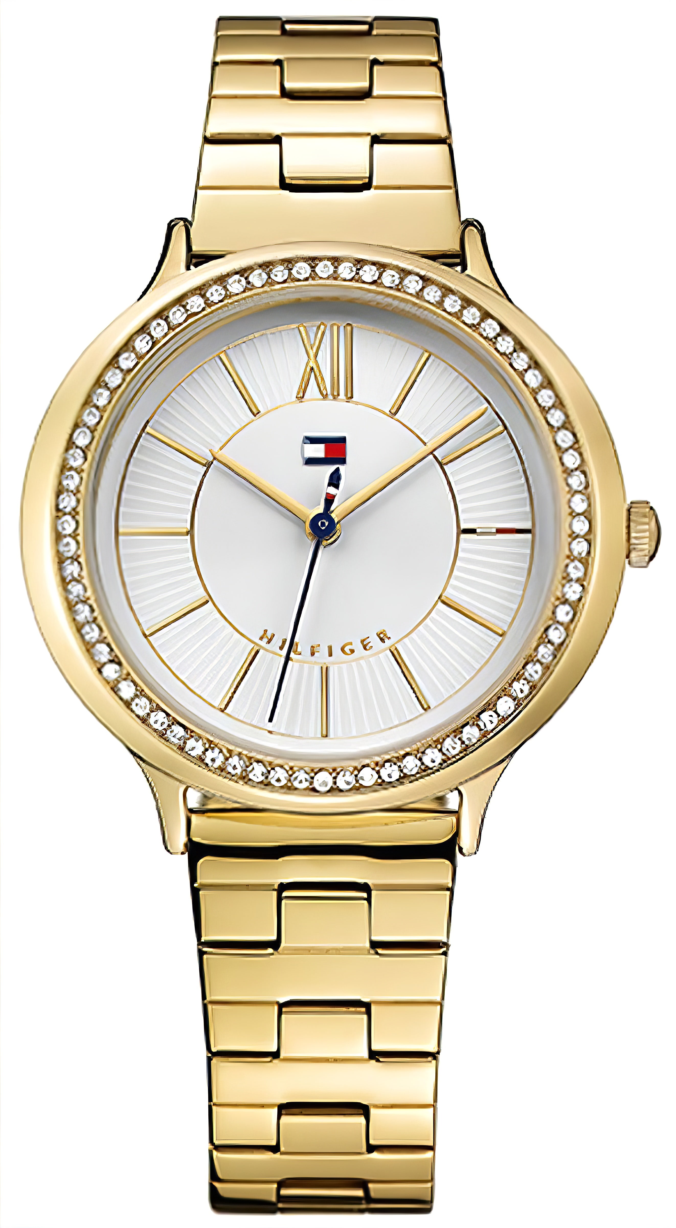 Tommy Hilfiger Damenuhr mit goldfarbenem Metallband, rundem Zifferblatt und Strasslünette