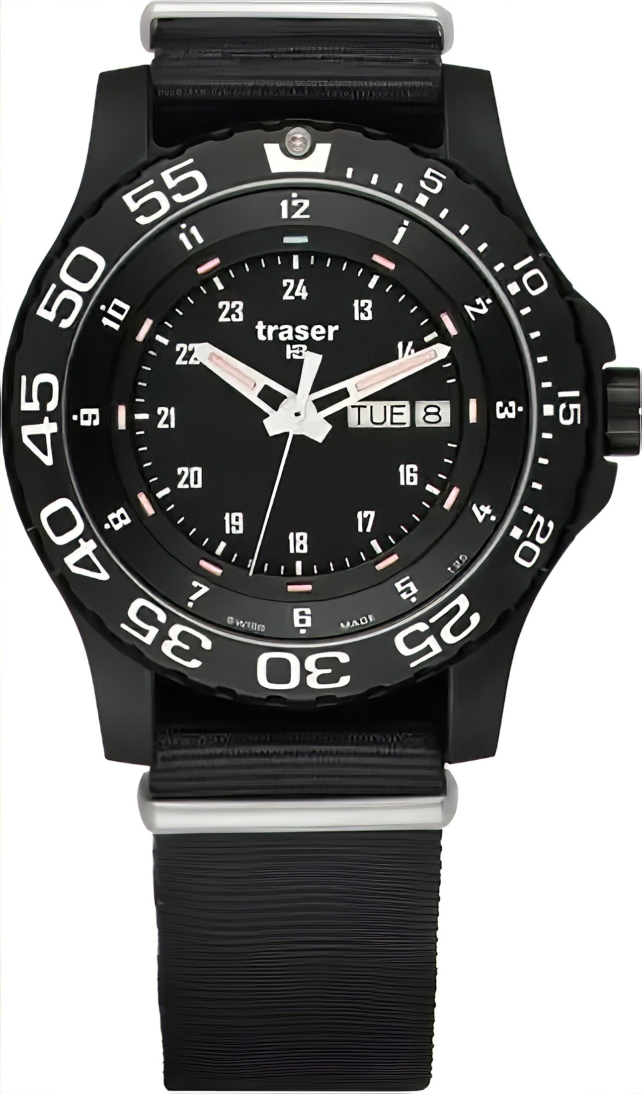 Traser Herrenuhr mit schwarzem Armband, schwarzem Zifferblatt und Datumsanzeige