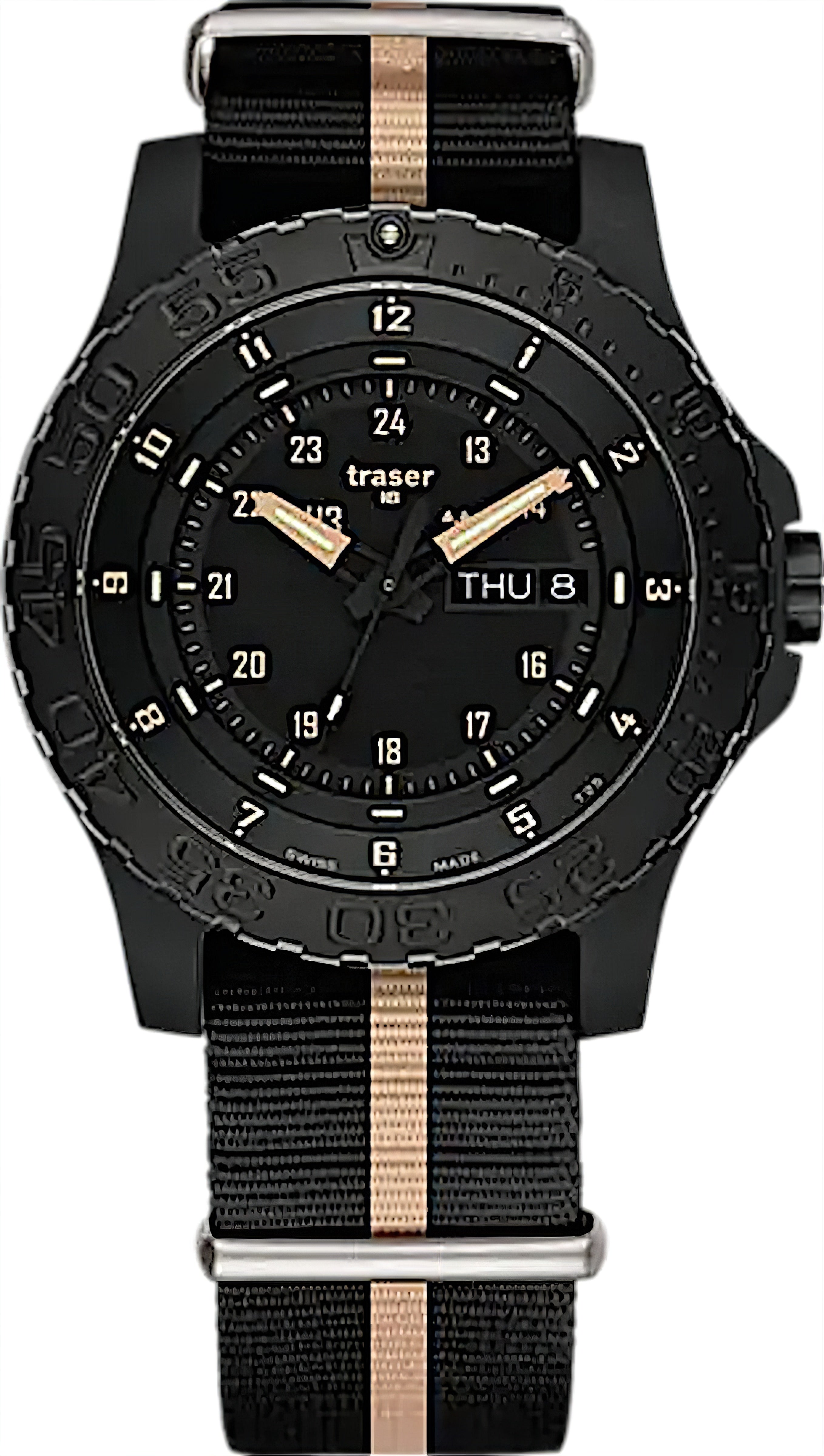 Traser P66 Herrenarmbanduhr mit schwarzem Zifferblatt und Stoffarmband mit beigem Mittelstreifen