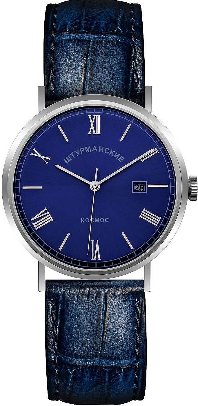 Bracelet de montre pour homme avec boîtier rond argenté, cadran bleu et bracelet en cuir