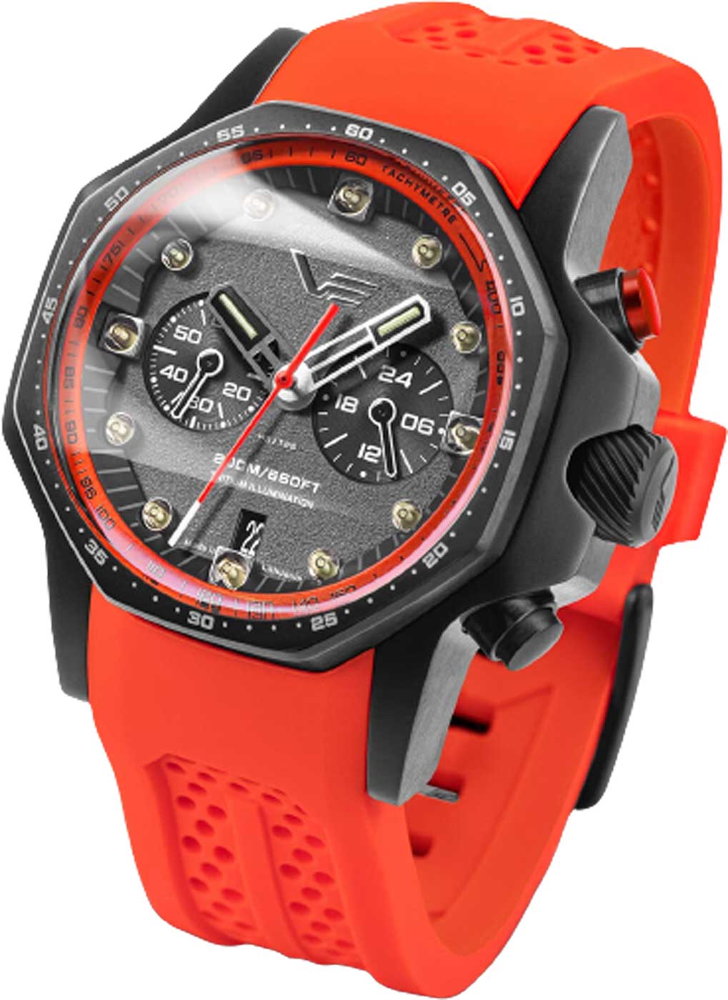 Montre homme avec boîtier noir, bracelet en silicone orange et cadran gris