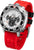 Montre pour homme avec bracelet en silicone rouge, boîtier argenté et lunette noire, cadran chrono