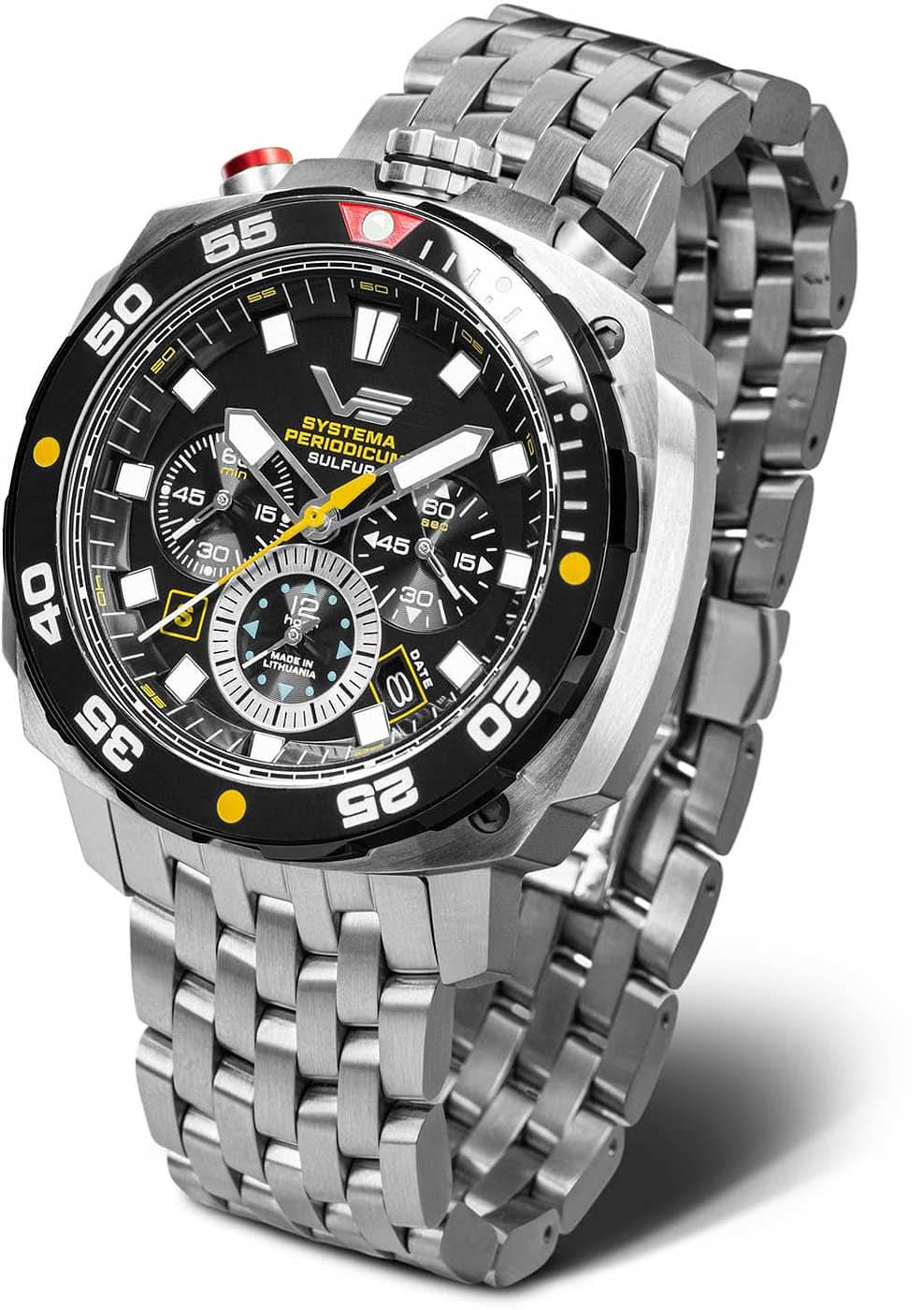 Bracelet de montre pour homme en acier inoxydable, cadran noir et accents jaunes