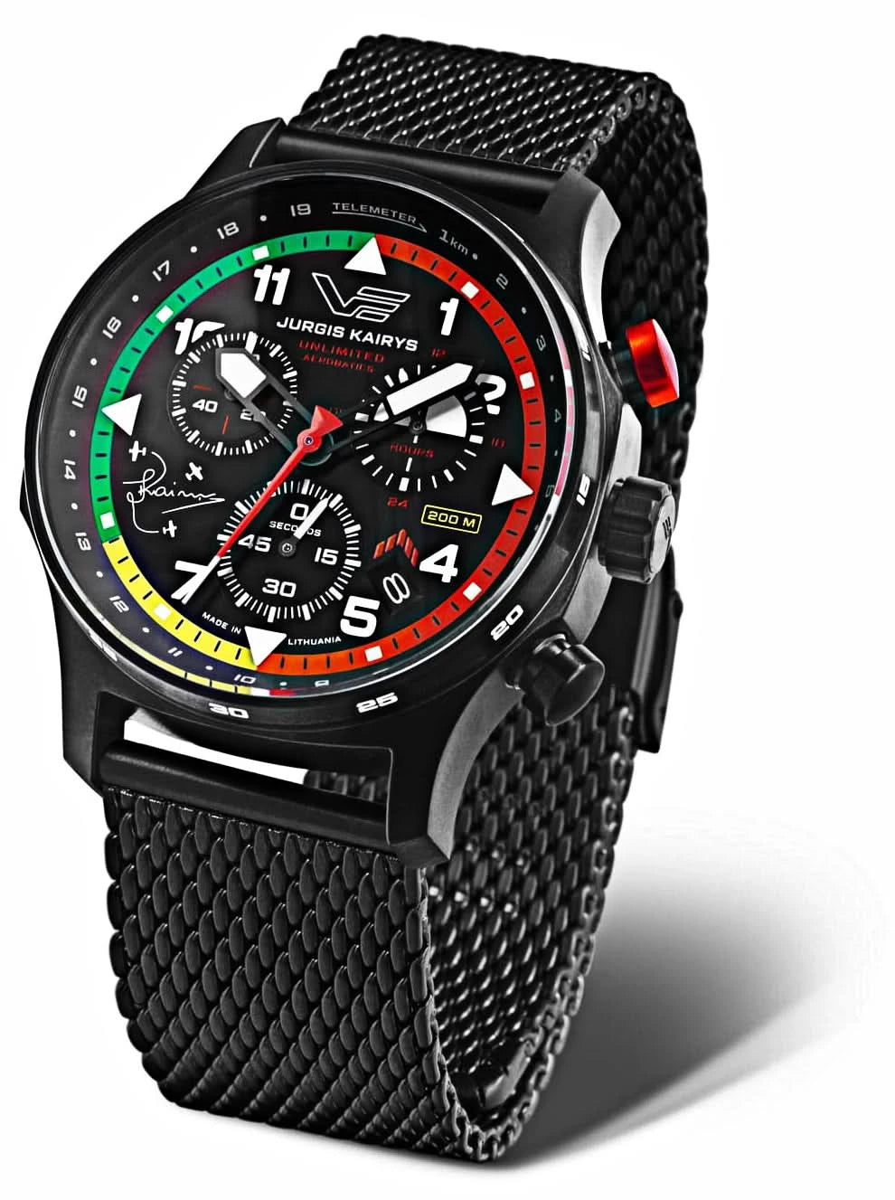 Bracelet pour homme avec bracelet en maille noire et cadran multicolore, boîtier rond
