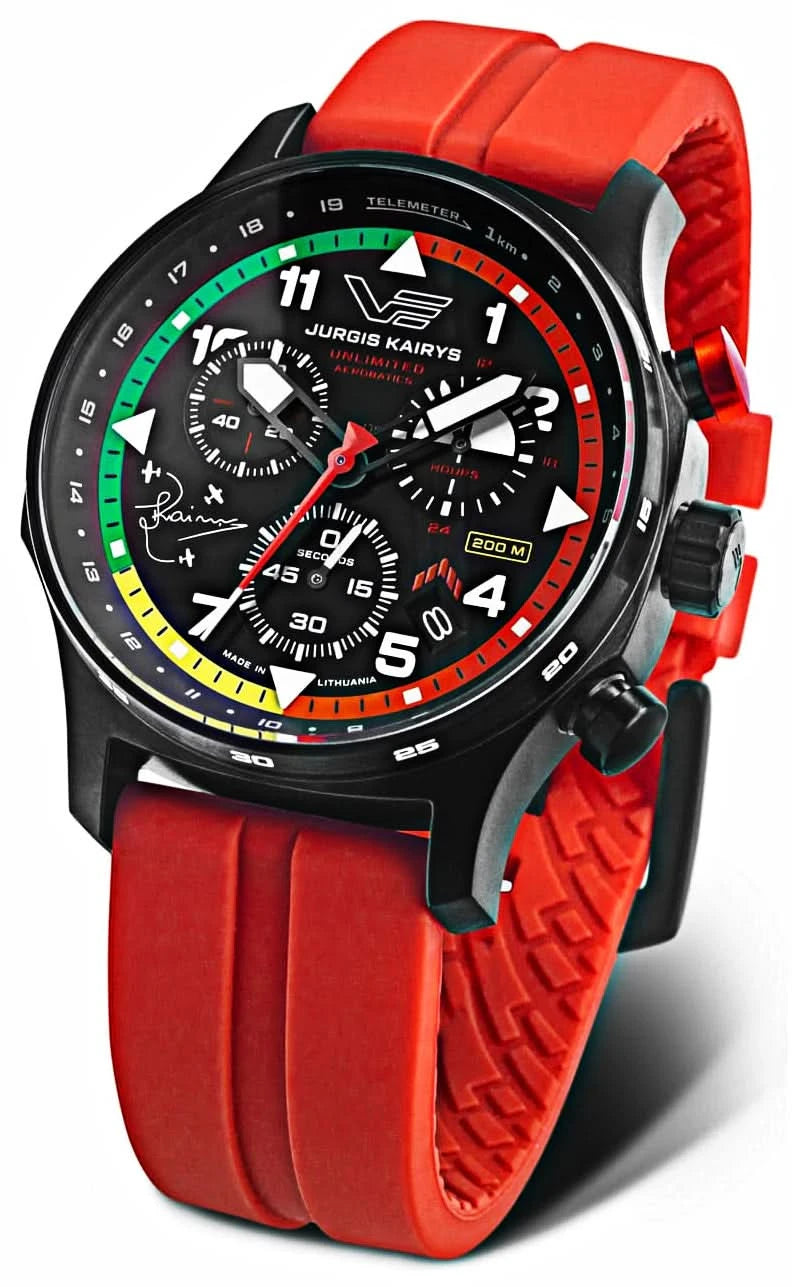 Montre homme avec bracelet textile rouge, cadran noir avec index luminescents et look chronographe