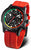 Montre homme avec bracelet textile rouge, cadran noir avec index luminescents et look chronographe
