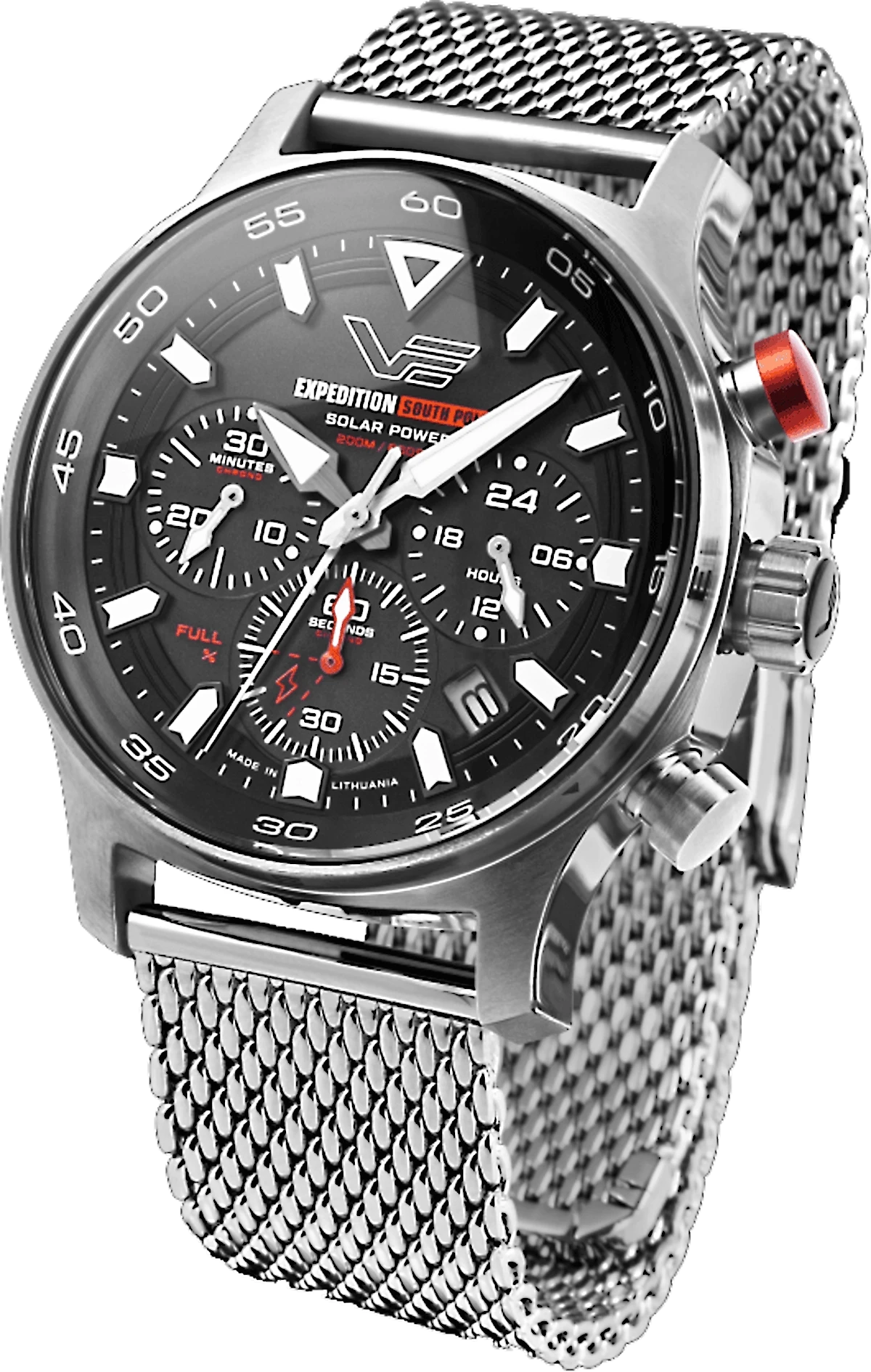 Montre solaire homme : cadran noir, bracelet en acier inoxydable argenté, boîtier en métal