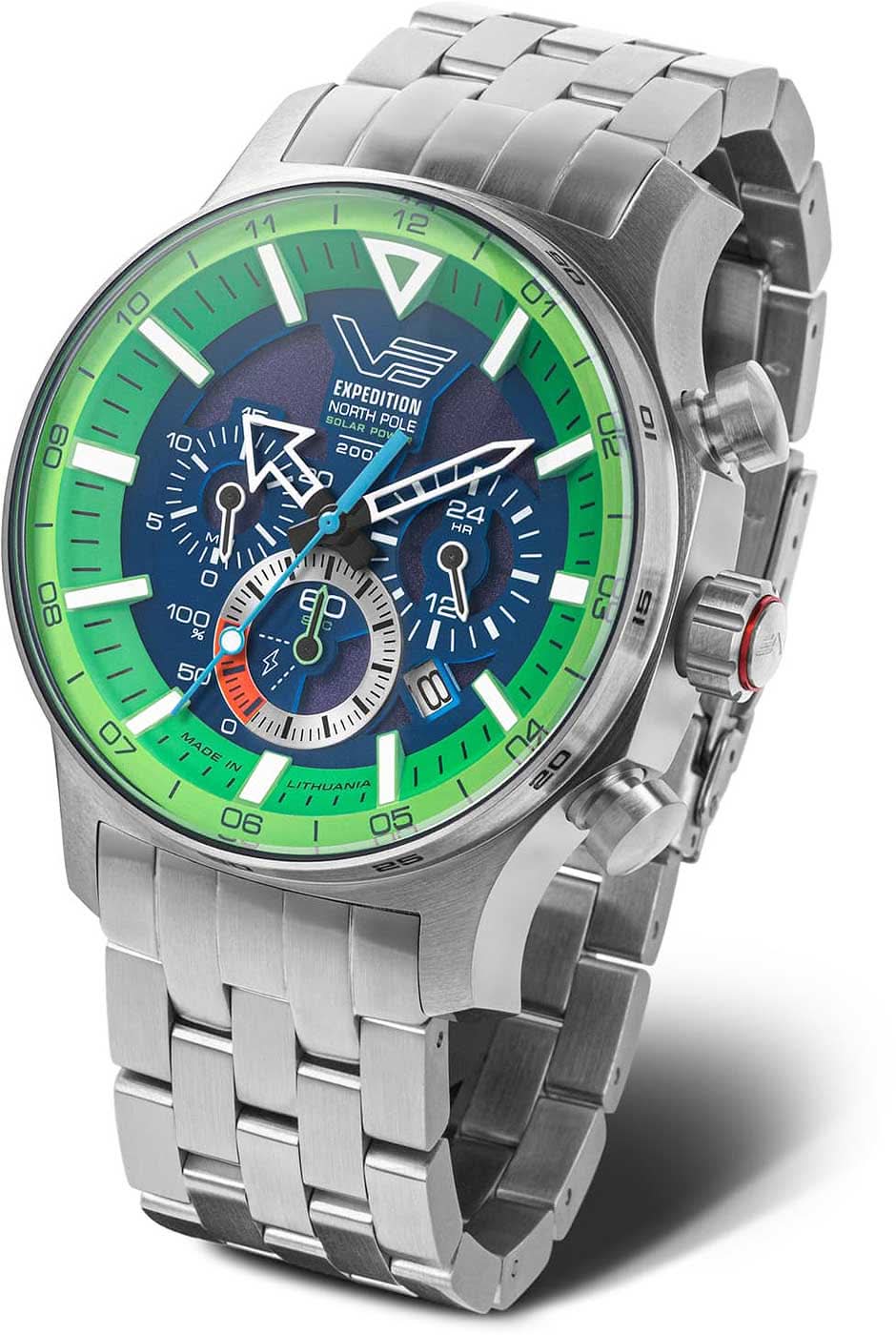 Bracelet de montre pour homme avec cadran vert, détails chronographe et bracelet en acier inoxydable