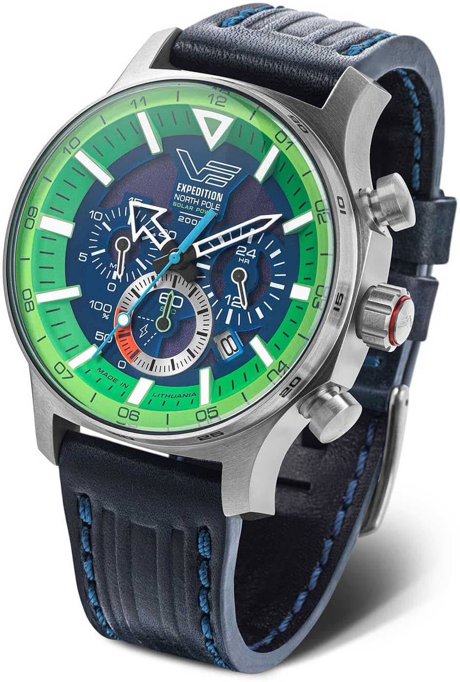 Herrenuhr mit blauem Lederarmband, grünem Zifferblatt und silbernem Gehäuse