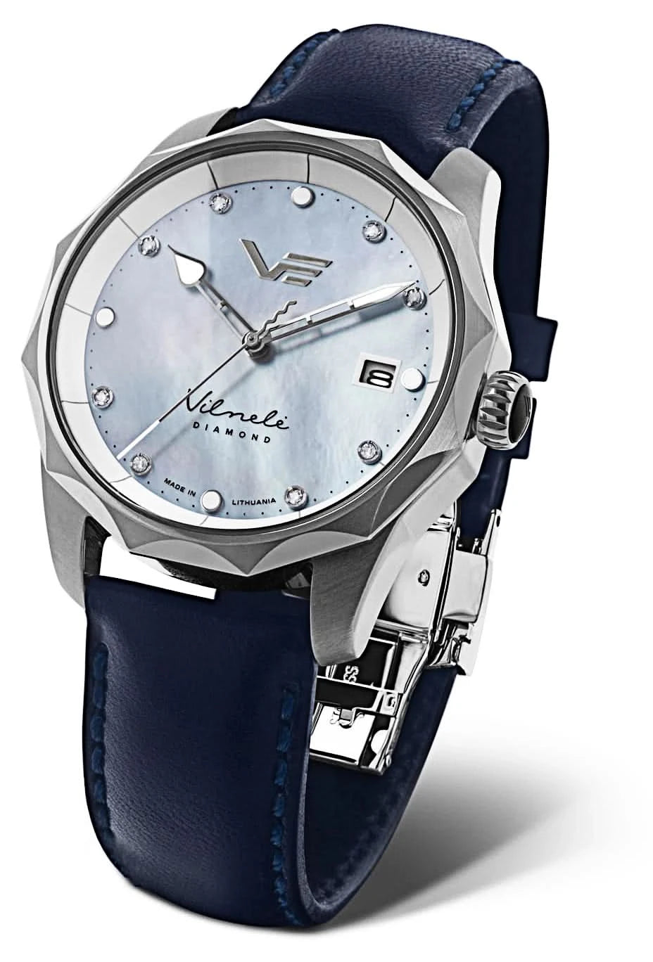 Montre pour femme avec bracelet en cuir bleu, boîtier argenté et cadran clair