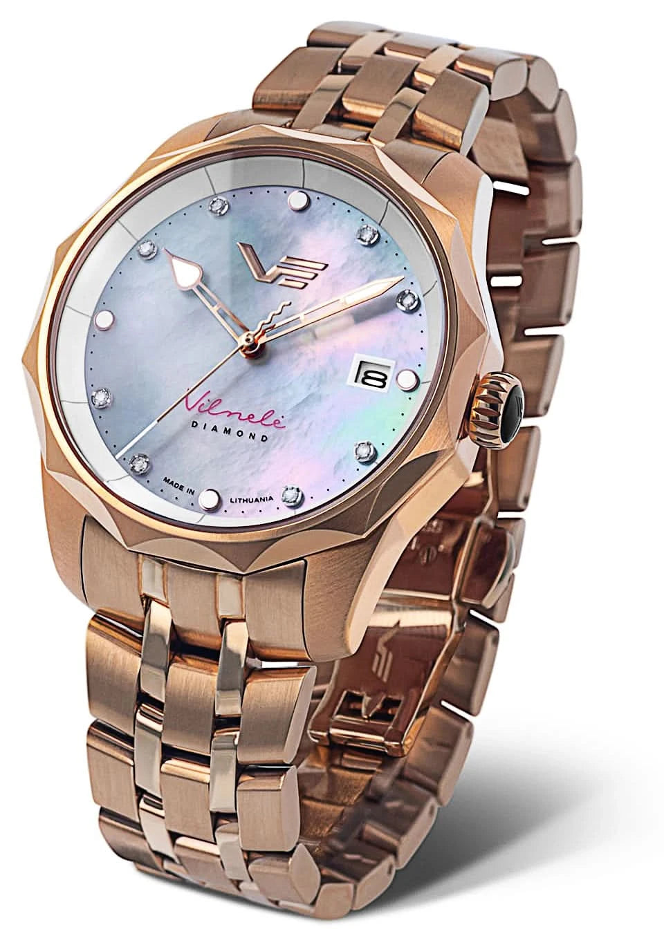 Montre pour femme avec bracelet en acier inoxydable doré et cadran bleu, affichage de la date.