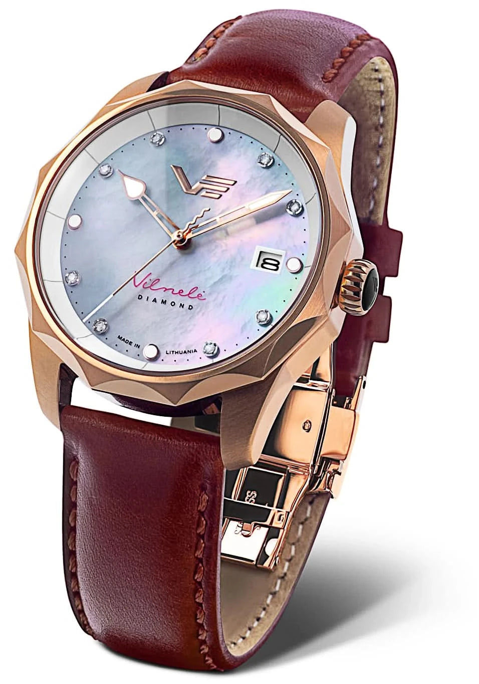 Montre pour femme avec boîtier rond couleur or rose, cadran argenté et bracelet en cuir marron
