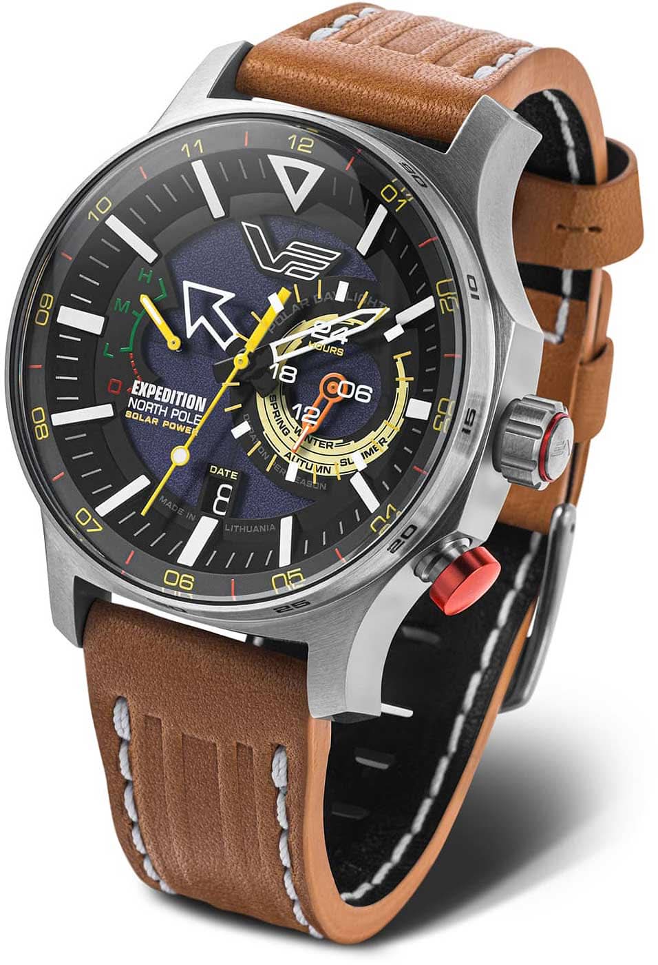 Bracelet pour homme : bracelet en cuir marron, cadran noir, boîtier en acier inoxydable