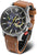Bracelet pour homme : bracelet en cuir marron, cadran noir, boîtier en acier inoxydable