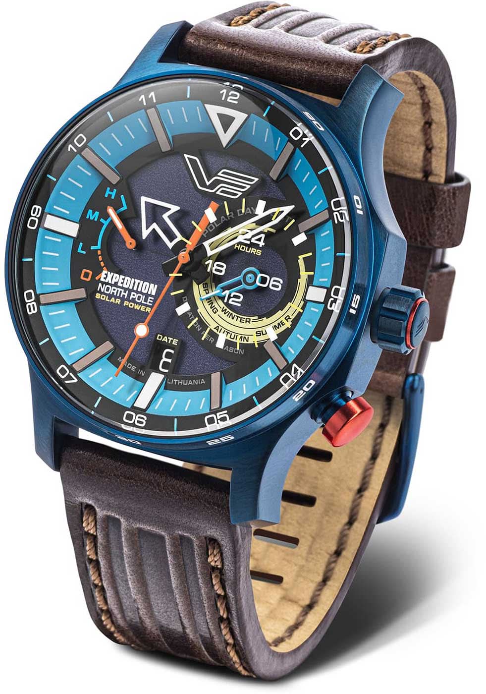 Montre pour homme avec cadran bleu et bracelet en cuir marron
