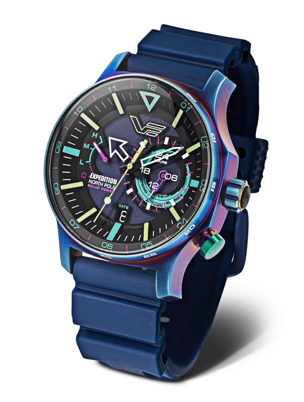 Herrenarmbanduhr mit blauem Kautschukband und rundem, mehrfarbigem Zifferblatt