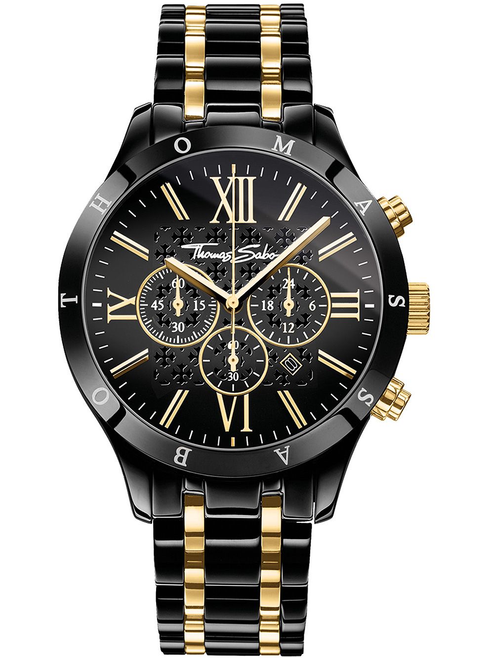 Herren-Chronograph mit schwarzem Zifferblatt und goldenen Akzenten, Edelstahlarmband