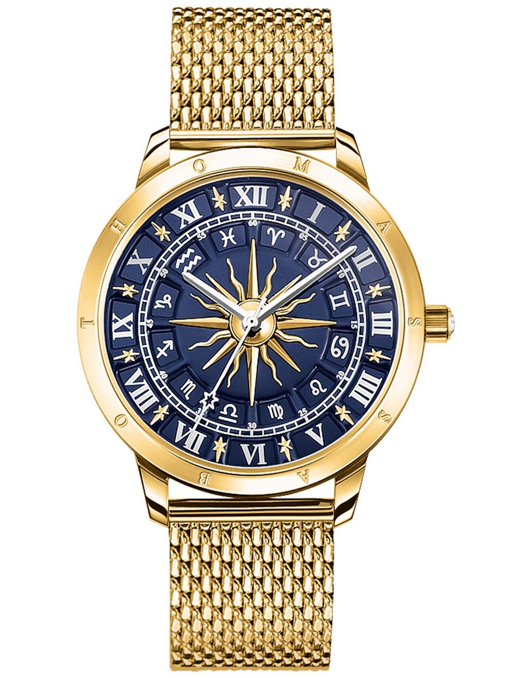 Thomas Sabo Damenquarzuhr mit goldenem Metallband und blauem Zifferblatt