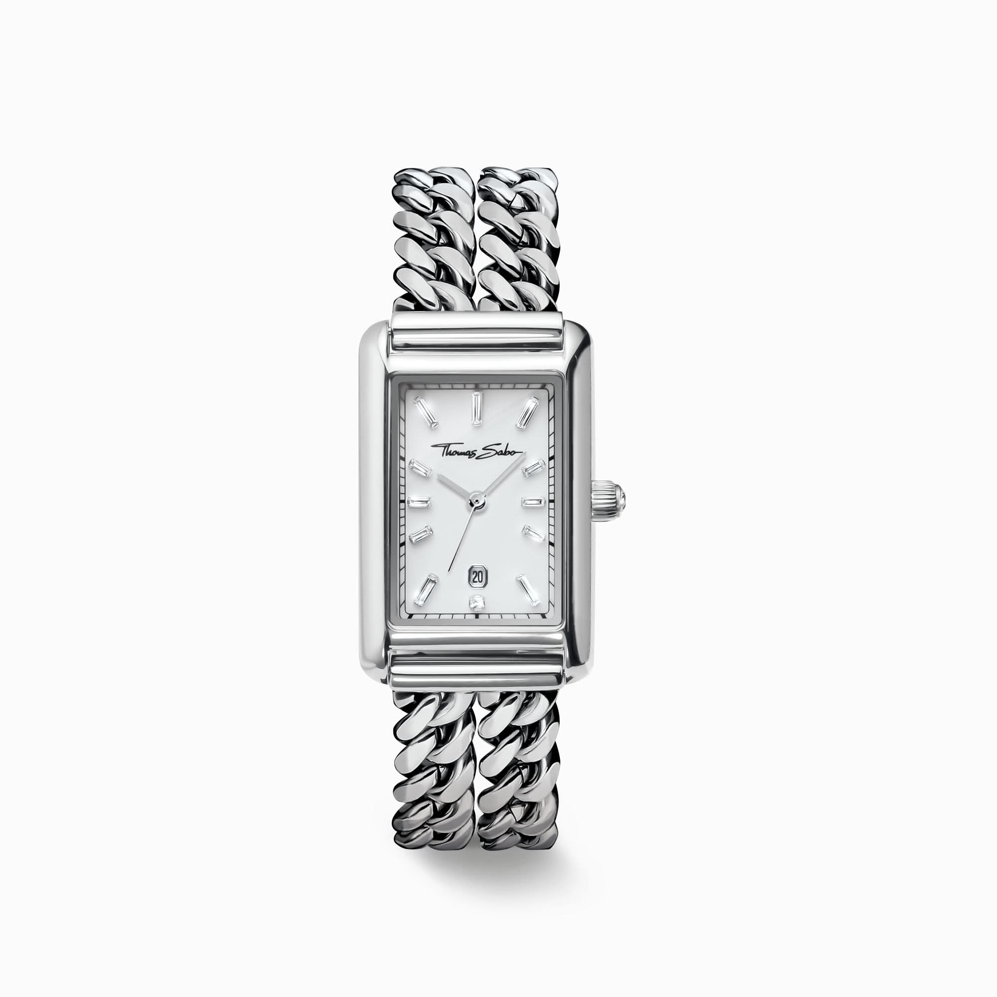 Montre pour femme avec cadran blanc, index bâtons et bracelet chaîne en acier inoxydable