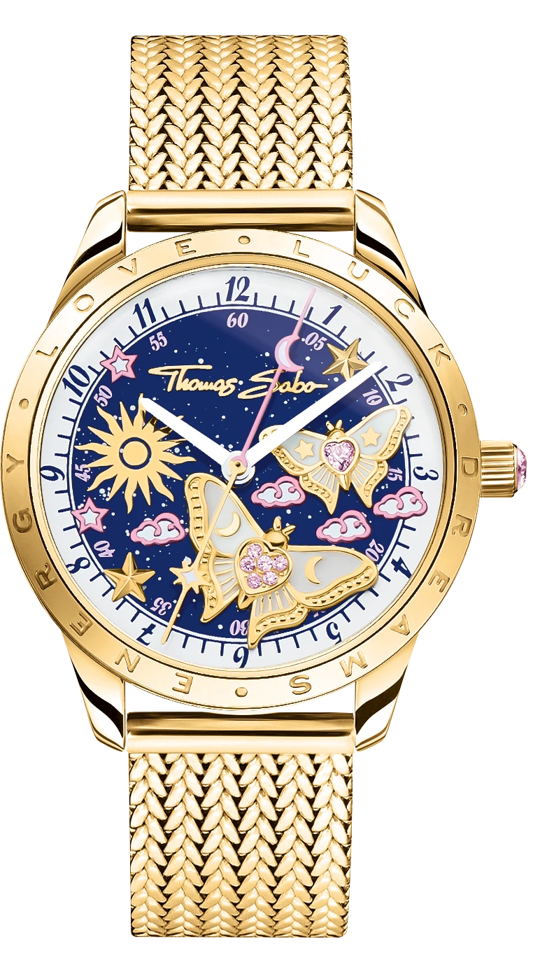 Montre à quartz pour femme avec bracelet chaîne en maille dorée et boîtier rond, cadran bleu