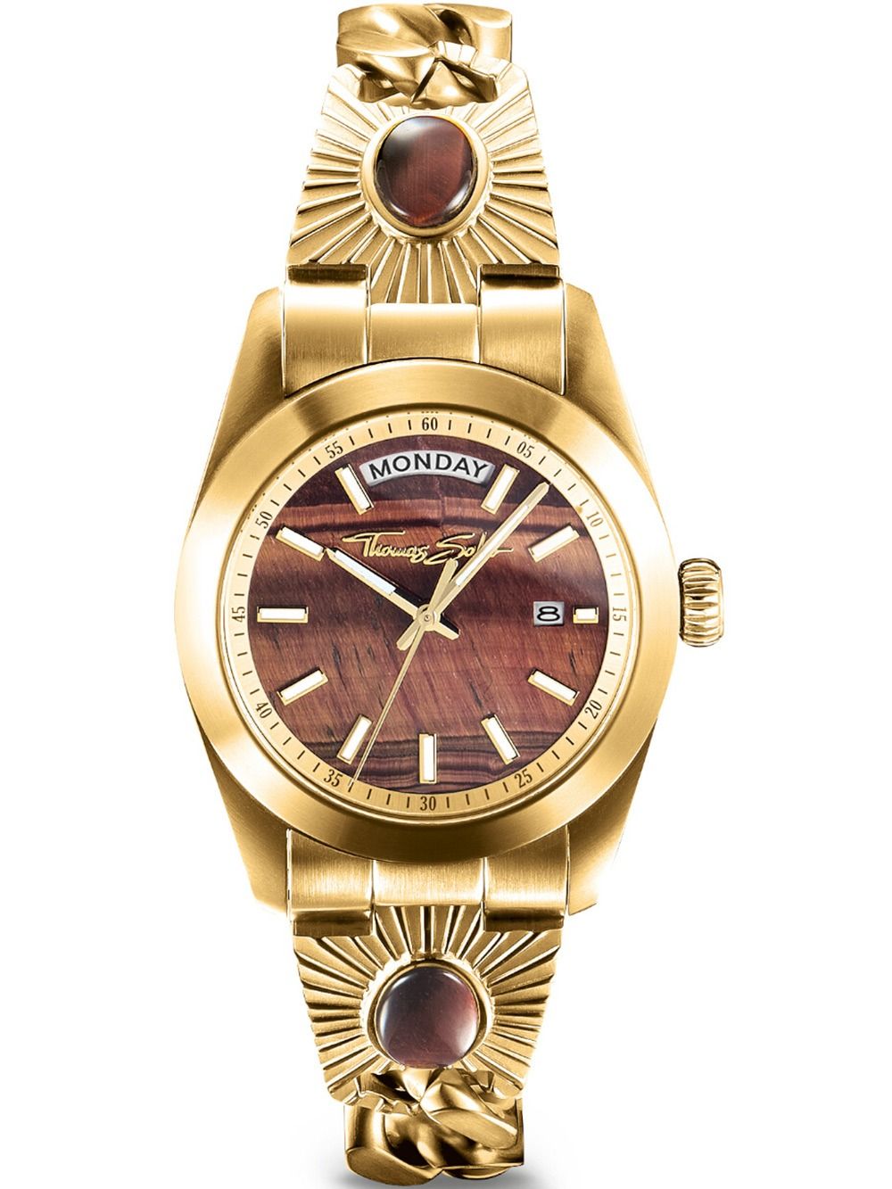 Goldfarbene Damenarmbanduhr mit rundem Zifferblatt und braunroten Akzenten, Stahlband