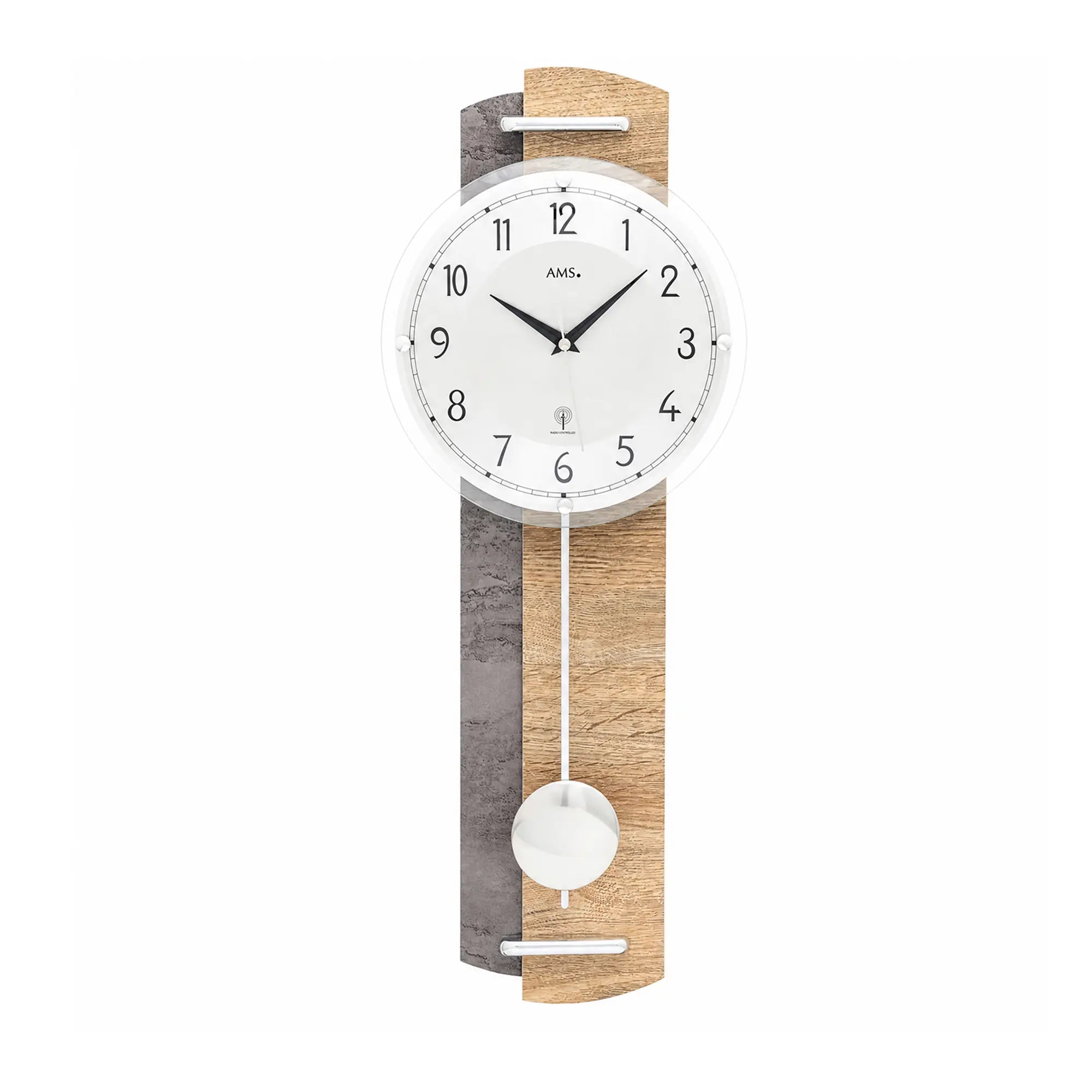 Horloge murale avec cadran rond, boîtier en bois et pendule blanche