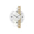 Wanduhr mit rundem Ziffernblatt, schwarzen Zeigern und bedrucktem Mineralglas, mit Holzstreifen