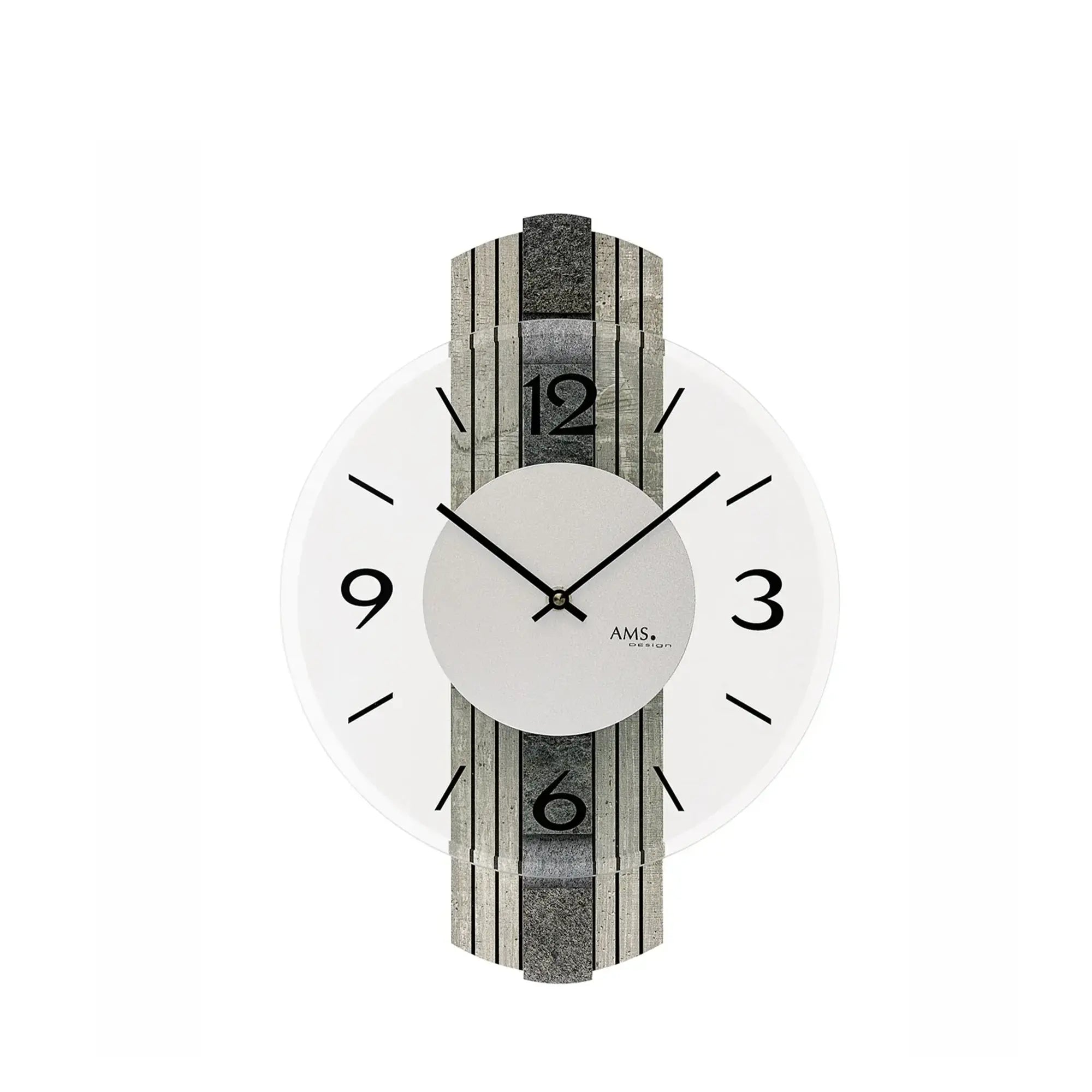 Wanduhr mit grauer Steinstruktur, Mineralglas-Facetten, schwarzen Zeigern und Ziffern