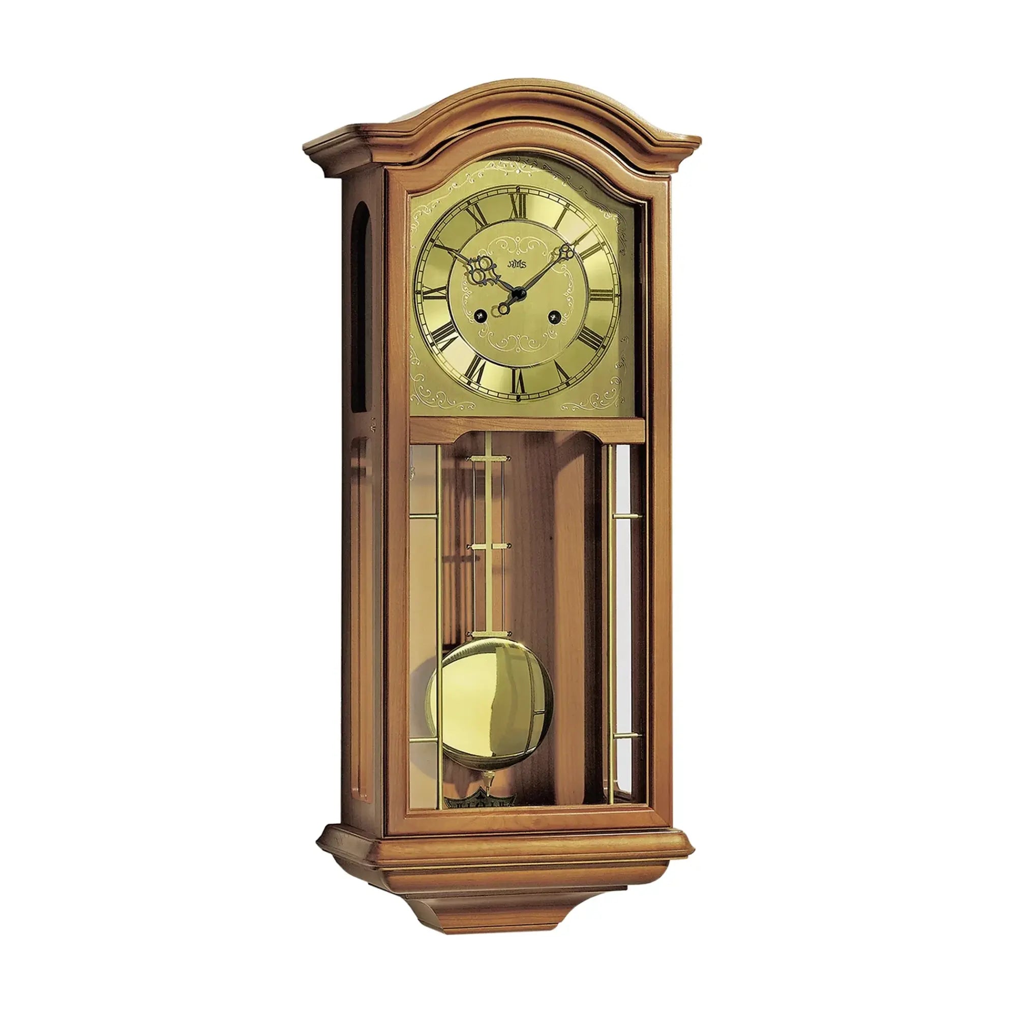 Horloge murale à balancier, boîtier couleur cerisier avec couronne incurvée et boule de pendule