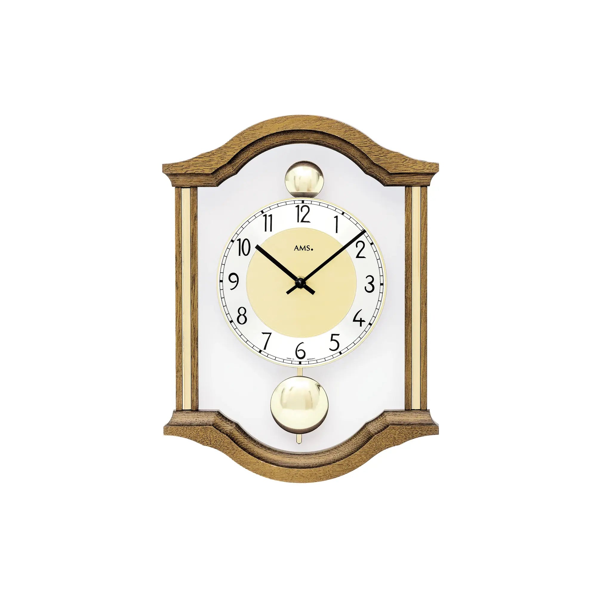 AMS Wanduhr mit Eichenholzrahmen, weißem Zifferblatt und Pendel